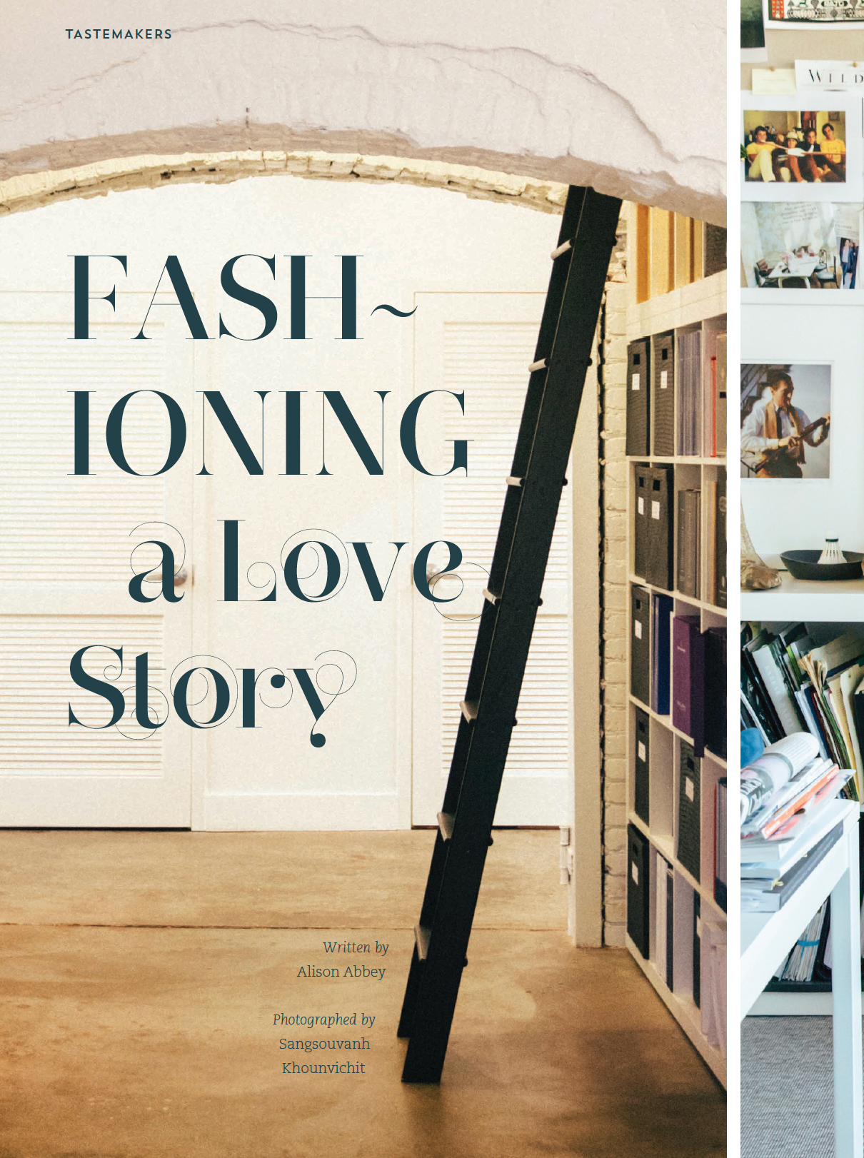 Fashioning a Love Story book cover with pale pink walls, a wooden floor, and a ladder leaning against a bookcase