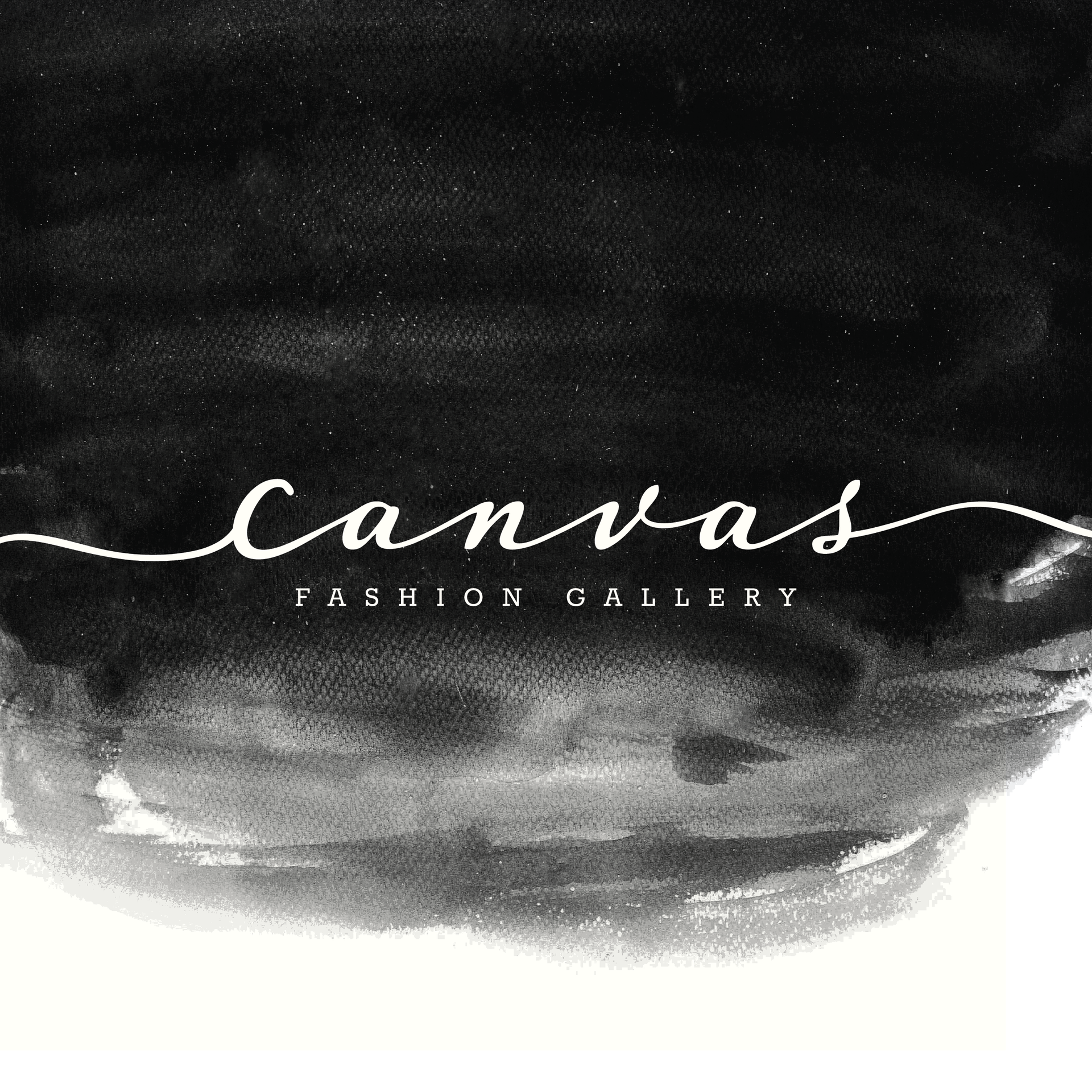 Abstract black-and-white logo reading “Canvas Fashion Gallery” on a smoky background