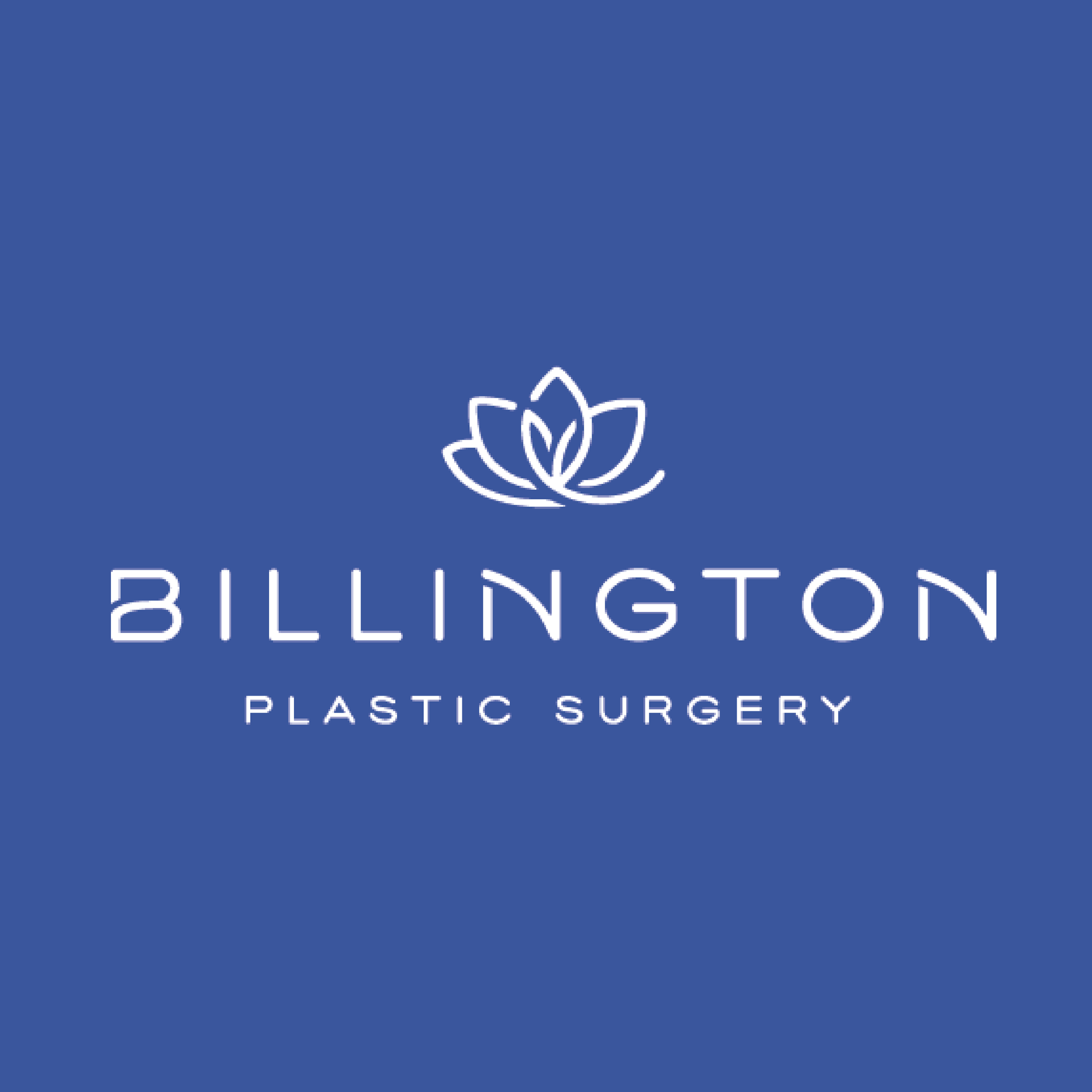 Billington Plastic Surgery logo in white on a blue background with a lotus icon