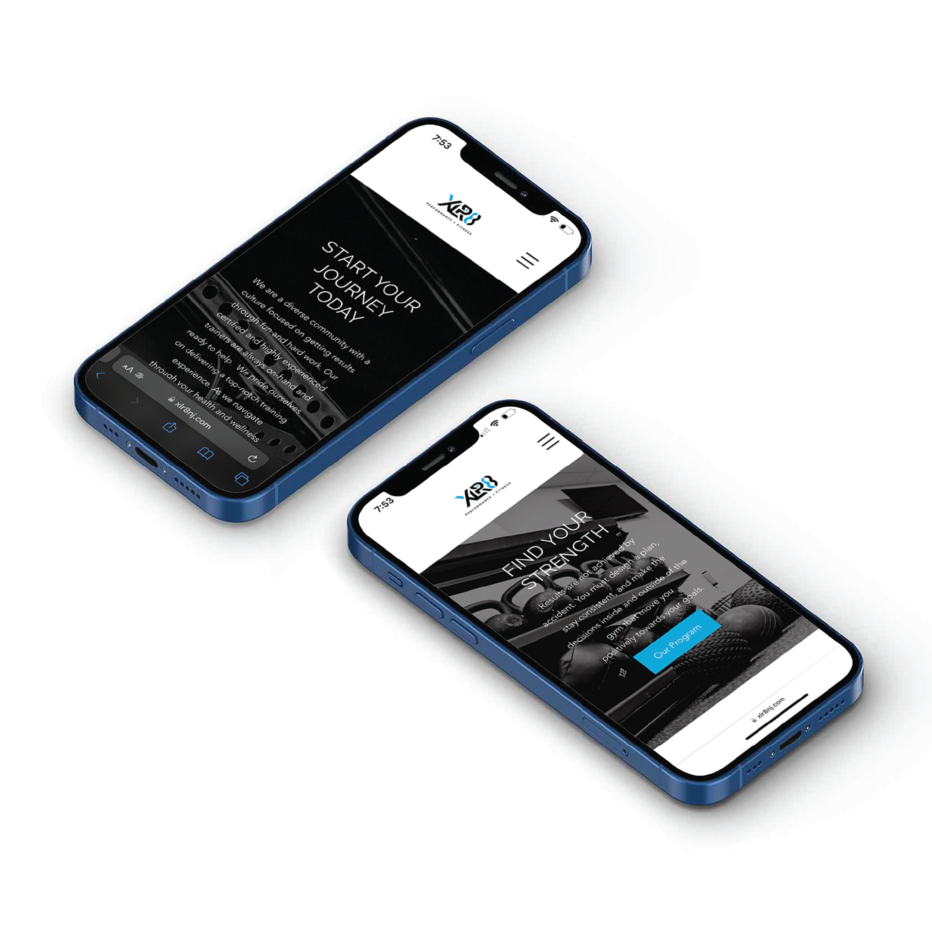 Two blue smartphones displaying app screens on a white background