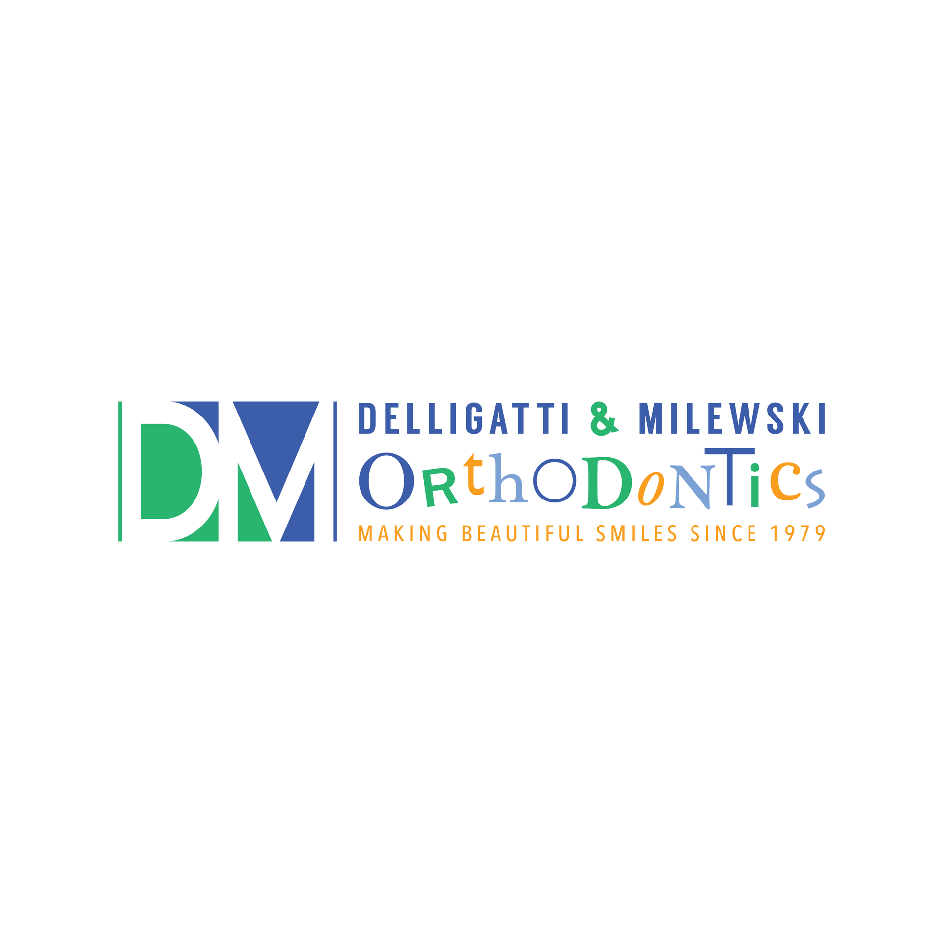 Delligatti & Milewski Orthodontics logo in blue, green, and orange on a white background