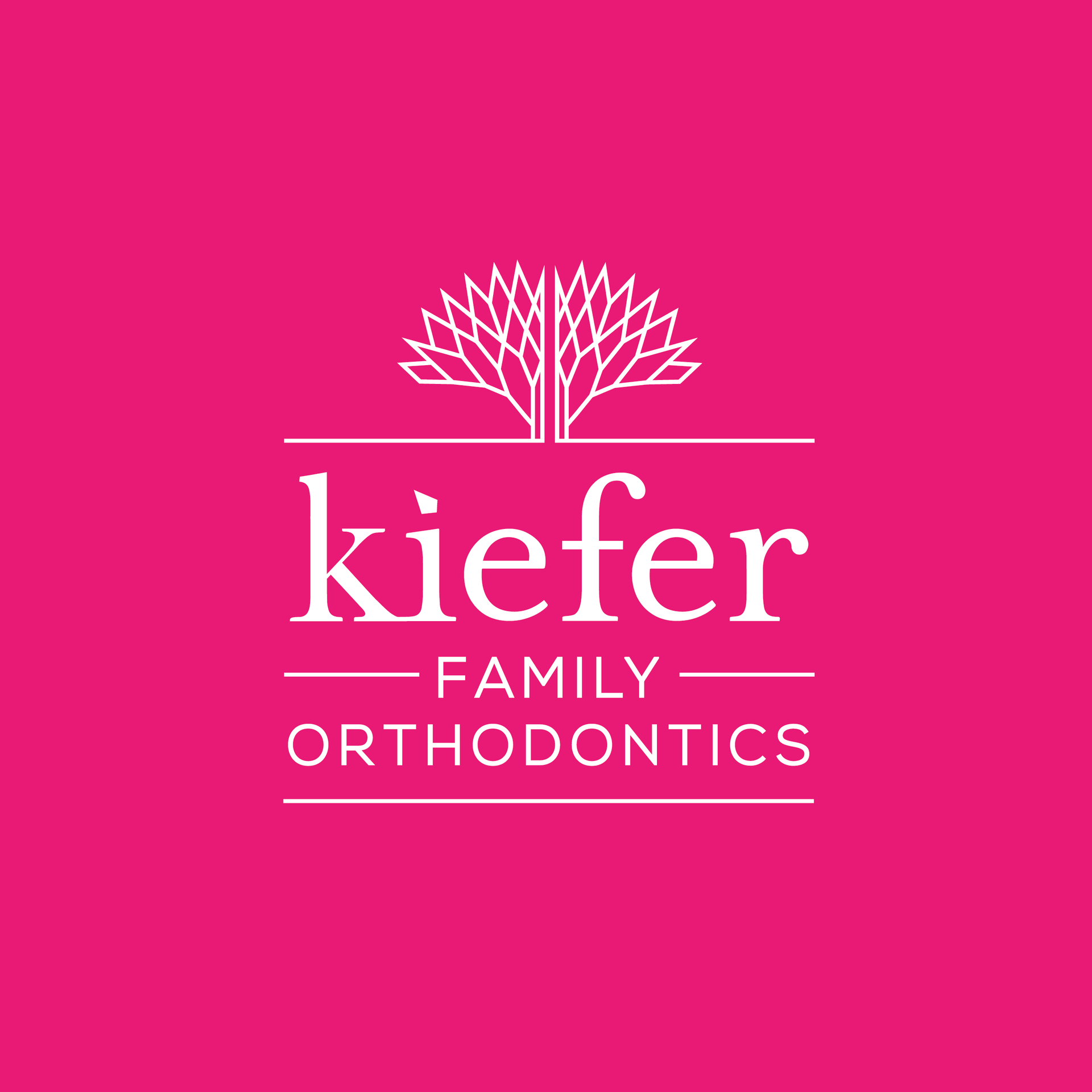 Kiefer Family Orthodontics logo in white on a bright pink background