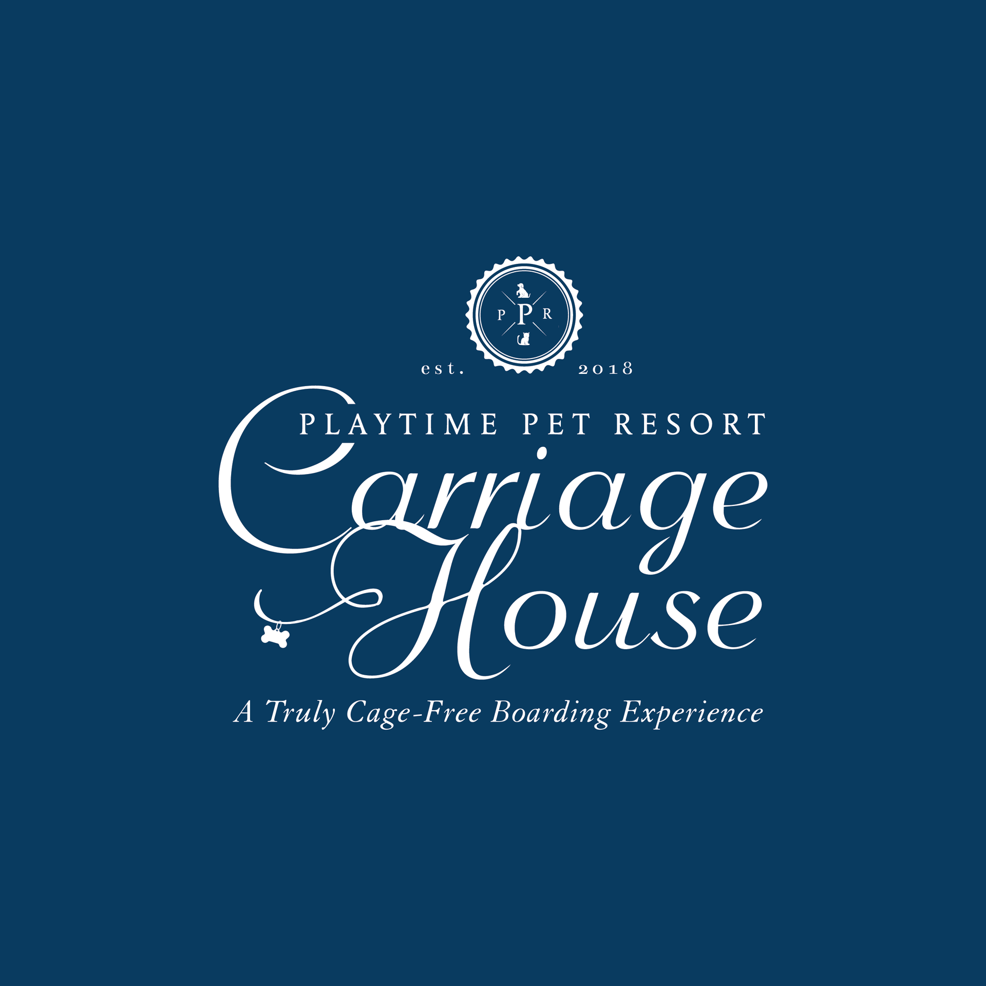 White logo for Playtime Pet Resort Carriage House on a navy background, with “A Truey Cage-Free Boarding Experience.”