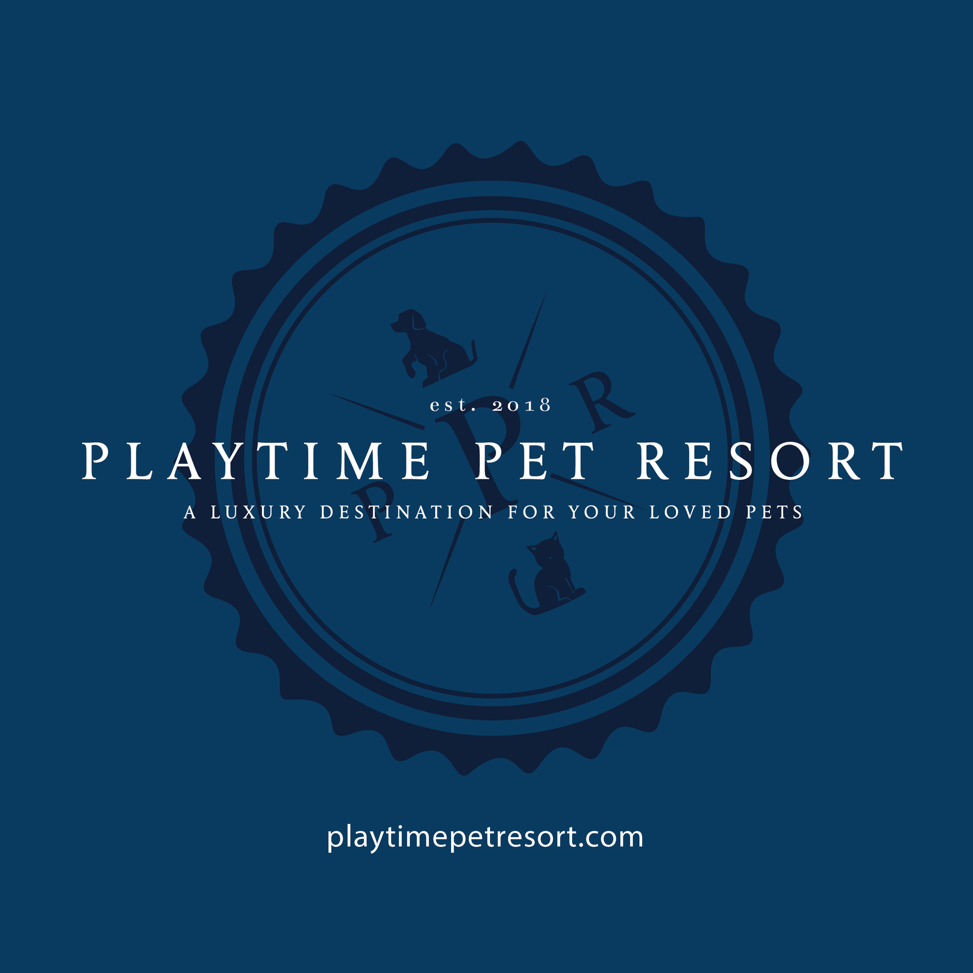 Playtime Pet Resort logo on navy blue with paw-print seal and website playtimepetresort.com