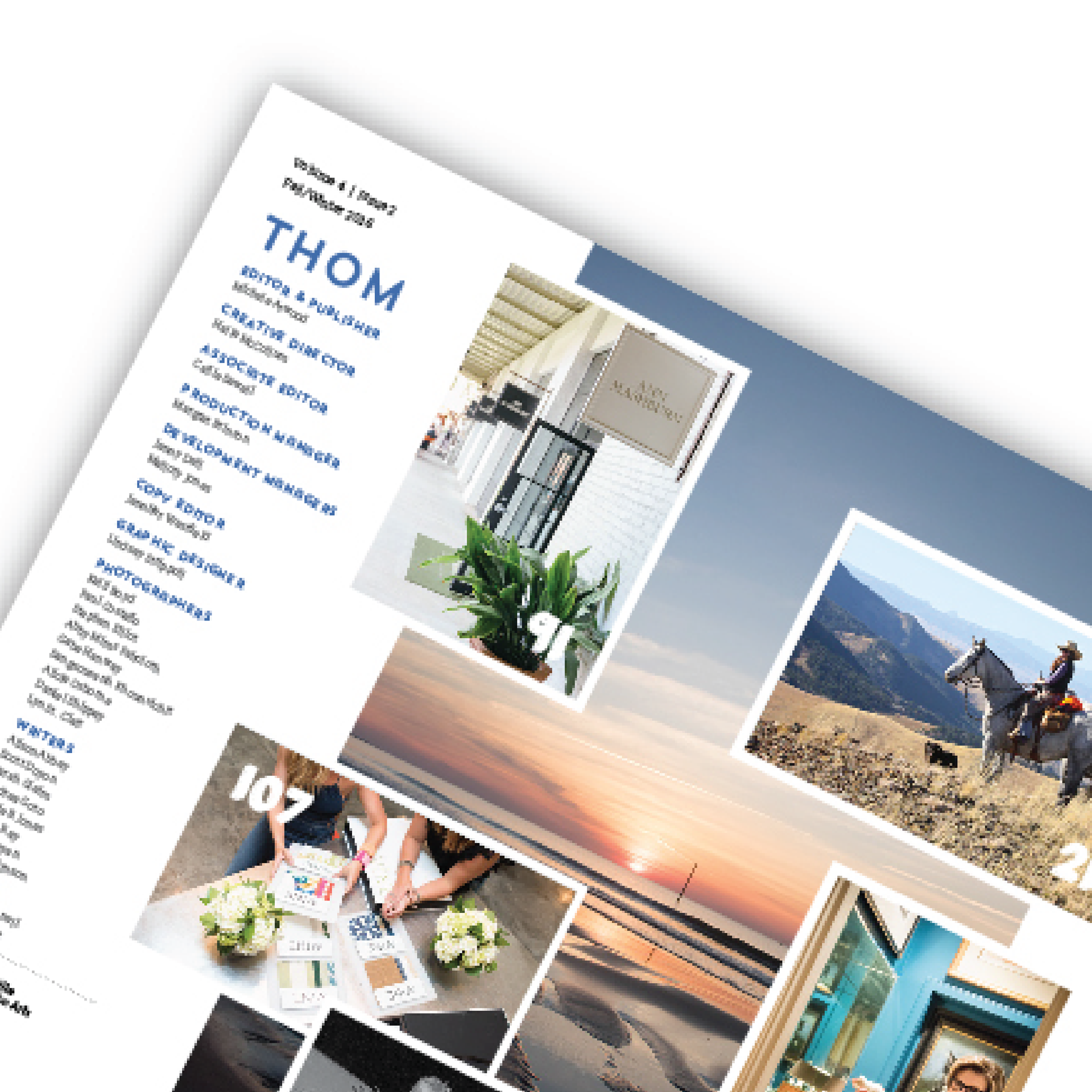 Tilted brochure page with the title “THOM” and several travel photos in a white layout