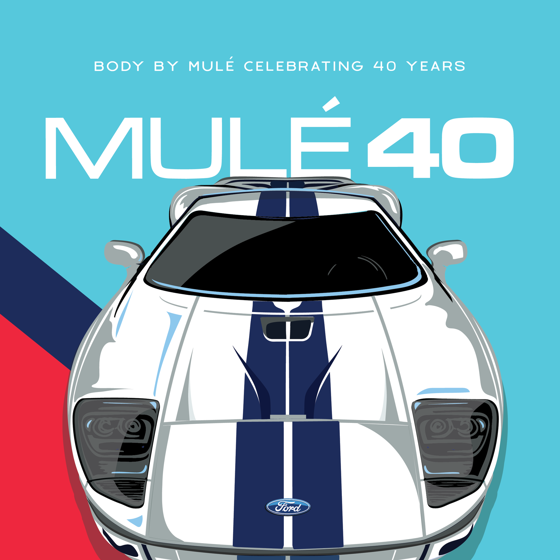 Mule 40 anniversary poster showing a white sports car with blue racing stripes on a teal background