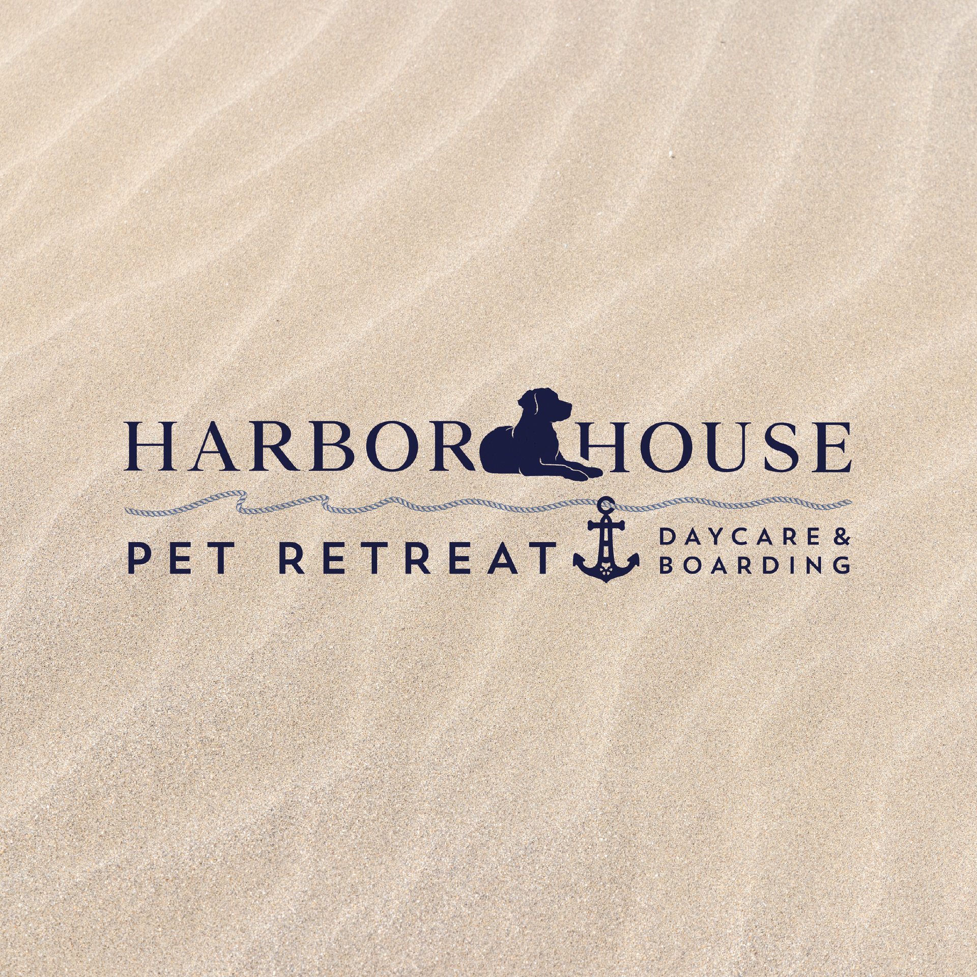 Harbor House Pet Retreat logo on a sandy background with navy text and anchor icon