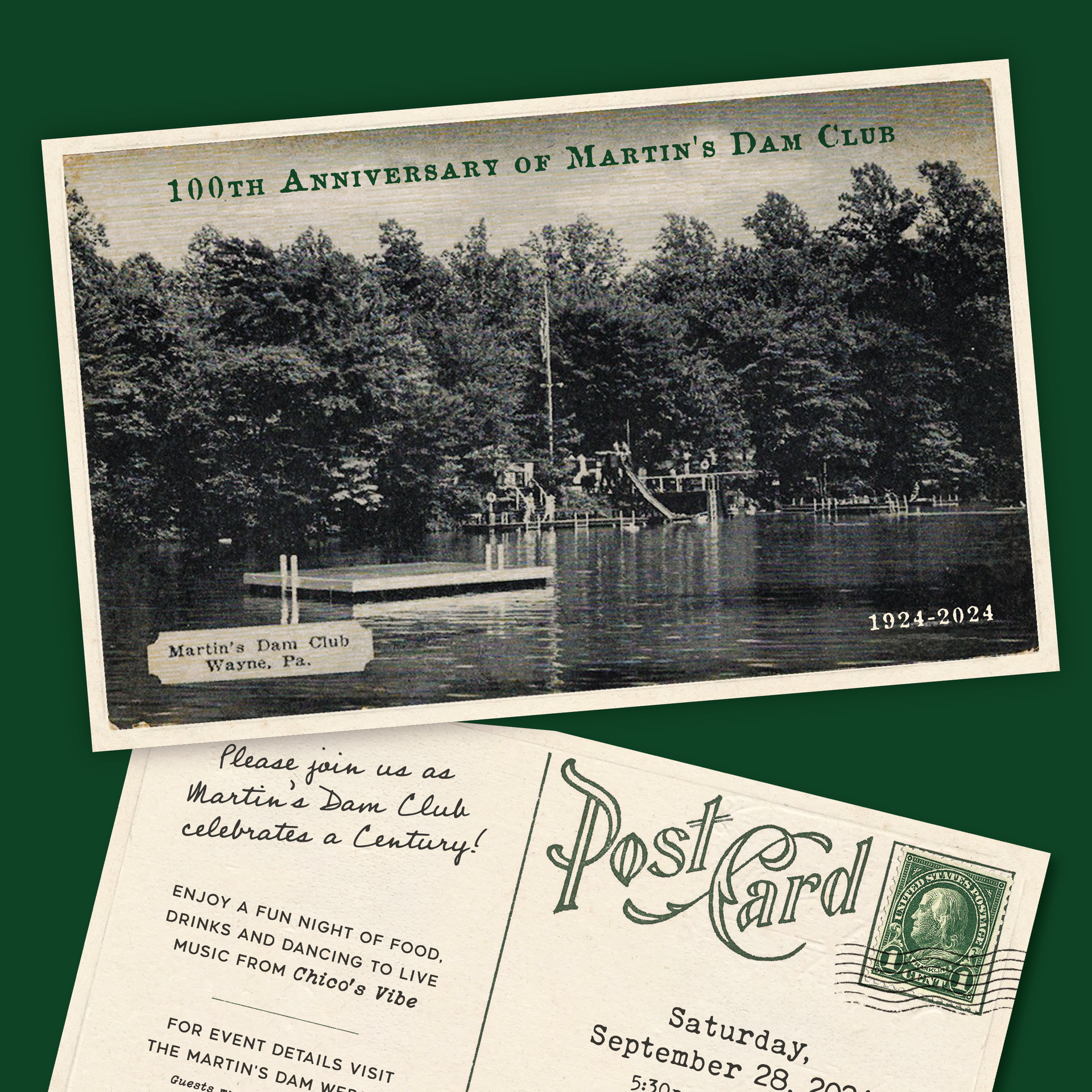 Vintage postcard collage of a forested lake scene with handwritten postcard text on a green background