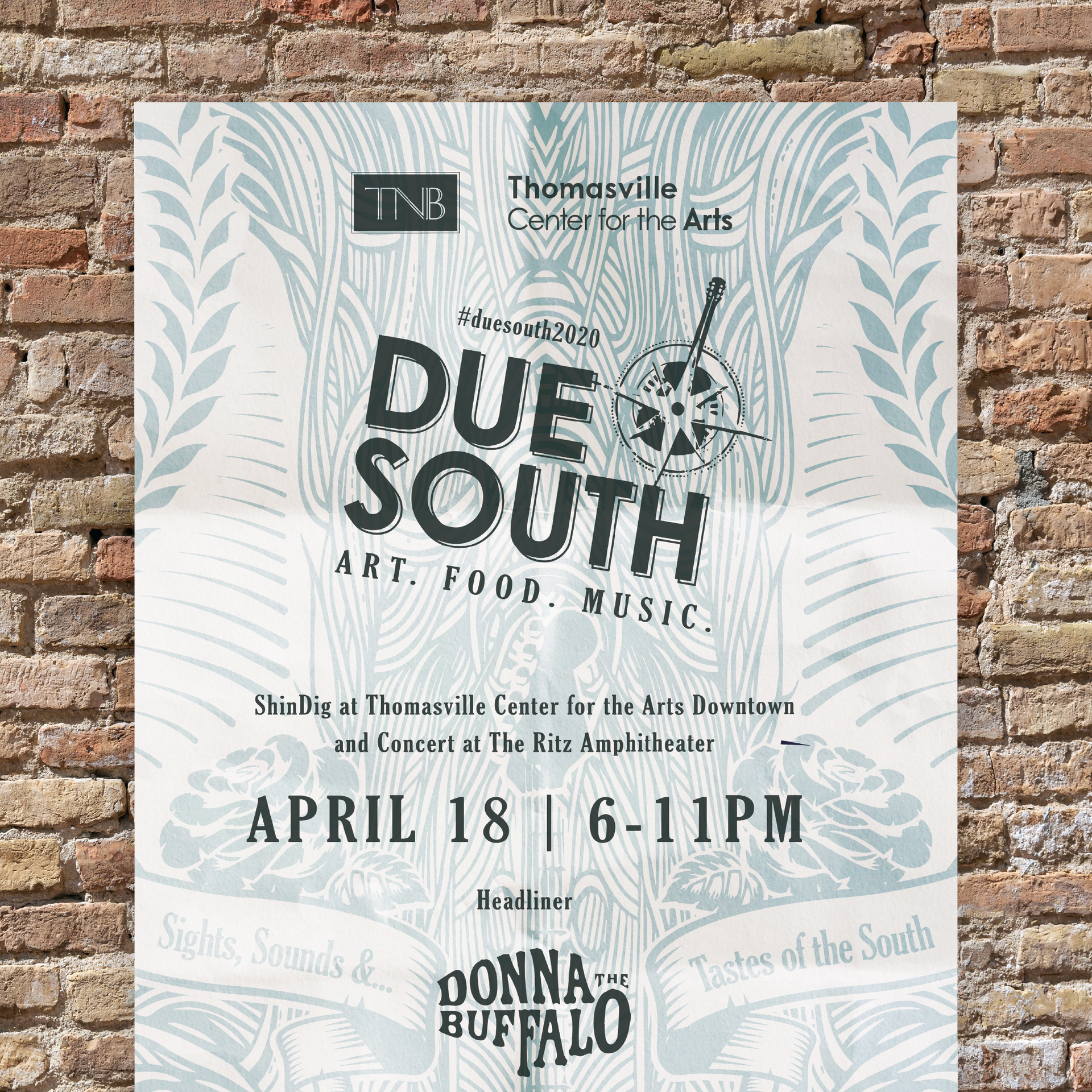 Concert poster for Due South Art, Food, Music at Tennessee Valley Arts, April 18, 6–11 PM with Donna the Buffalo