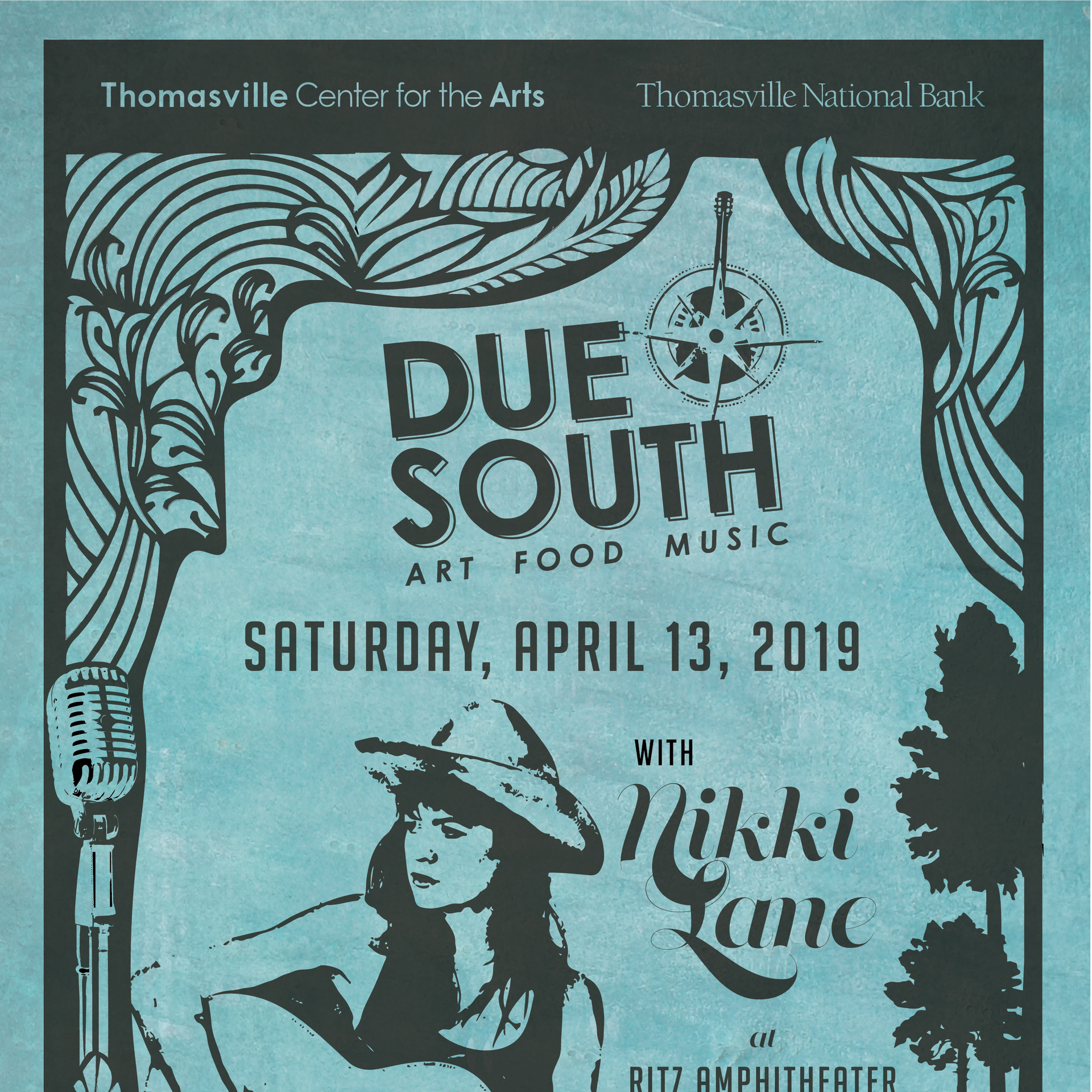 Poster for “Due South” arts, food, and music event, Saturday, April 13, 2019, with Nikki Lane illustration.