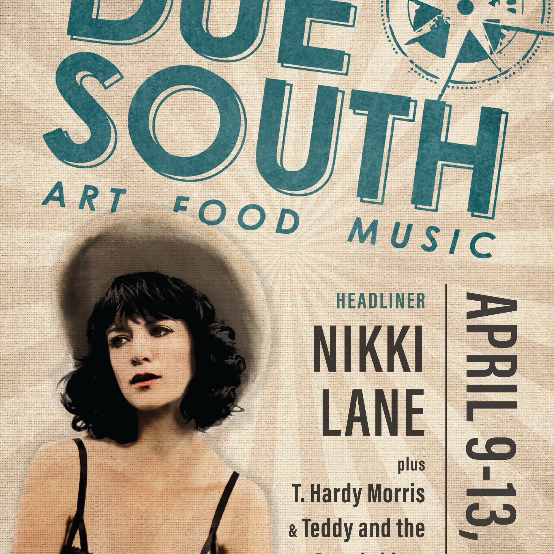 Vintage concert poster for Due South featuring Nikki Lane, with art, food, and music dates April 9-13.