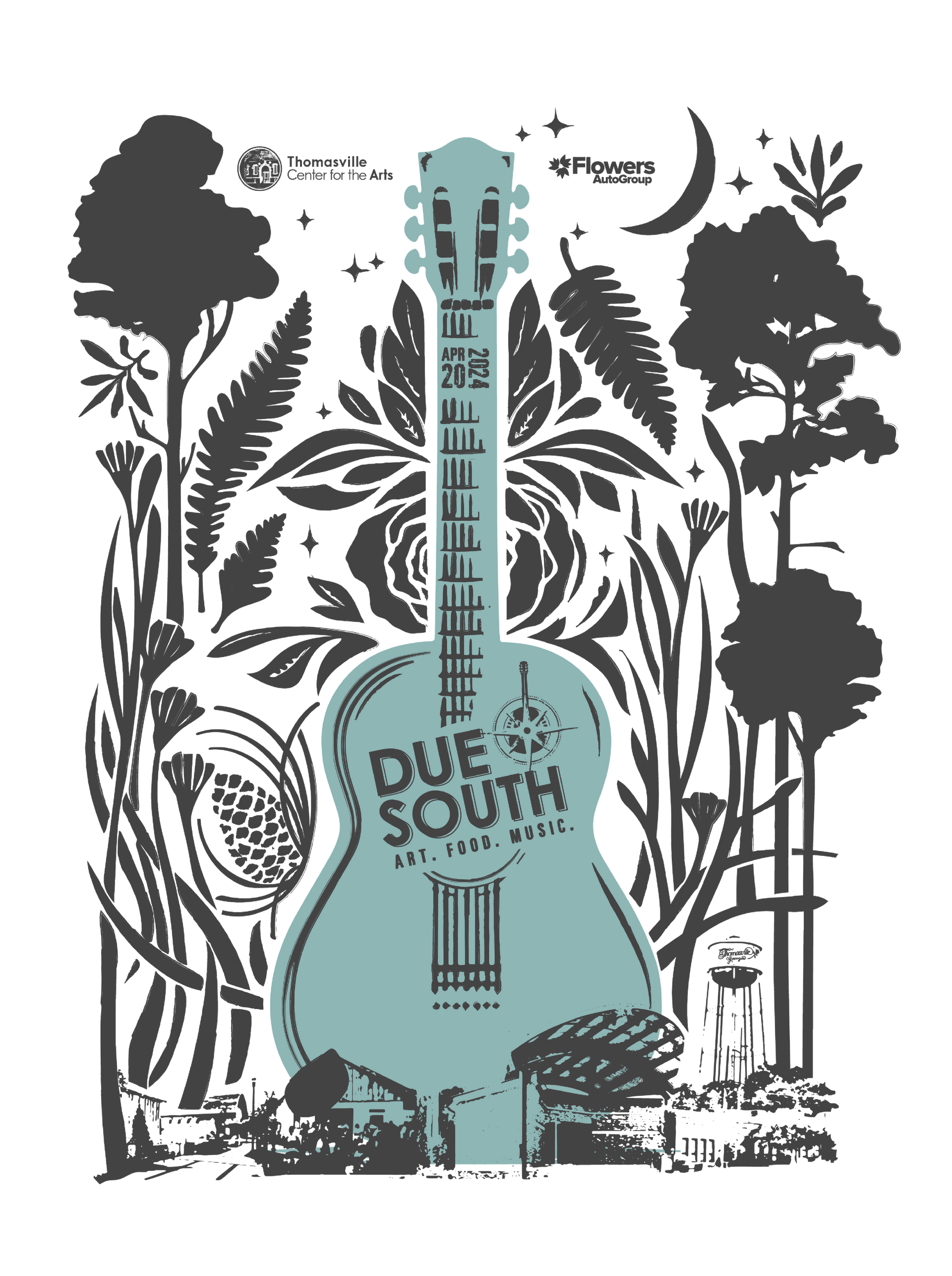 Stylized teal guitar in dense jungle, with “Duet South” text and trees, moon, and birds around it