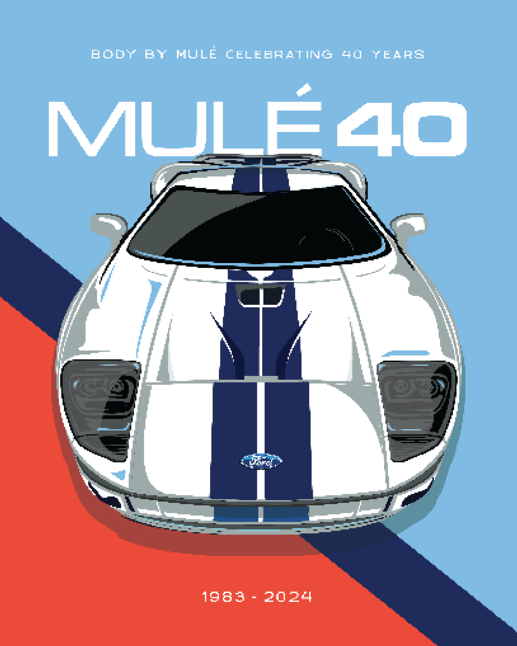 Poster of a white race car with blue stripes on a blue and red background, labeled “MULÉ 40.”