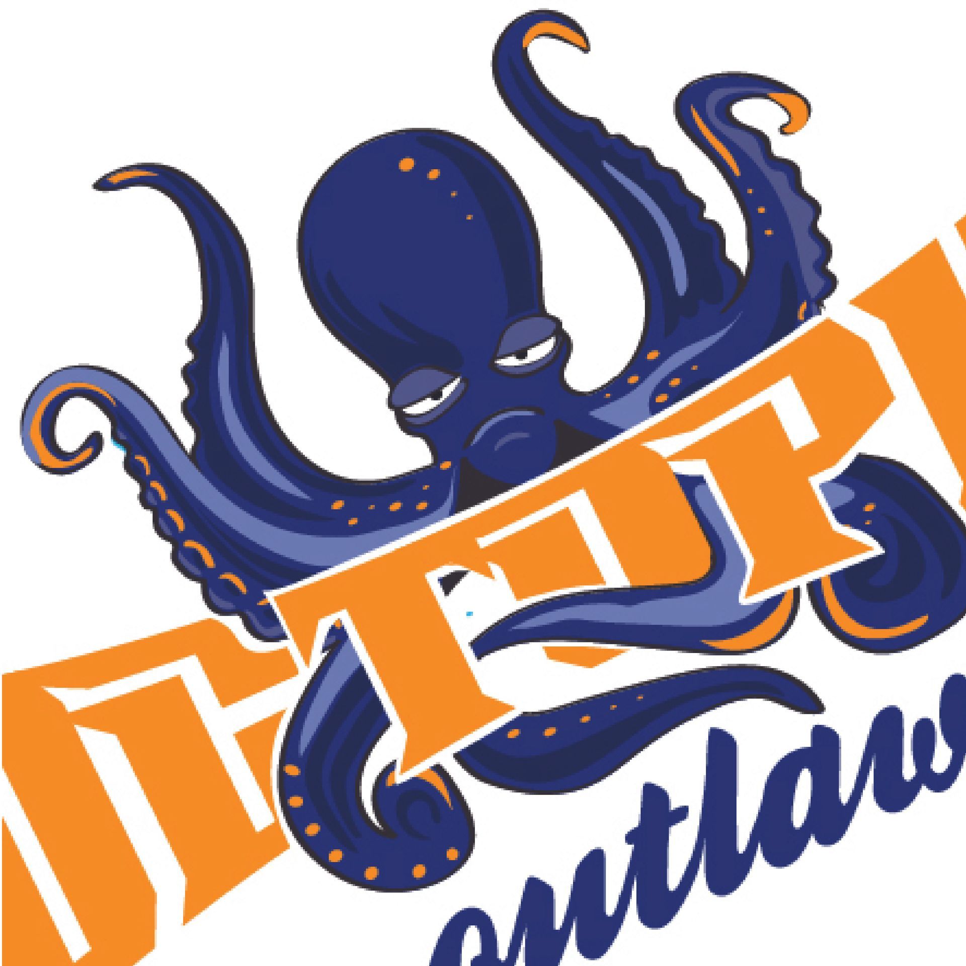 Blue octopus mascot over orange letters and blue script text on a white background