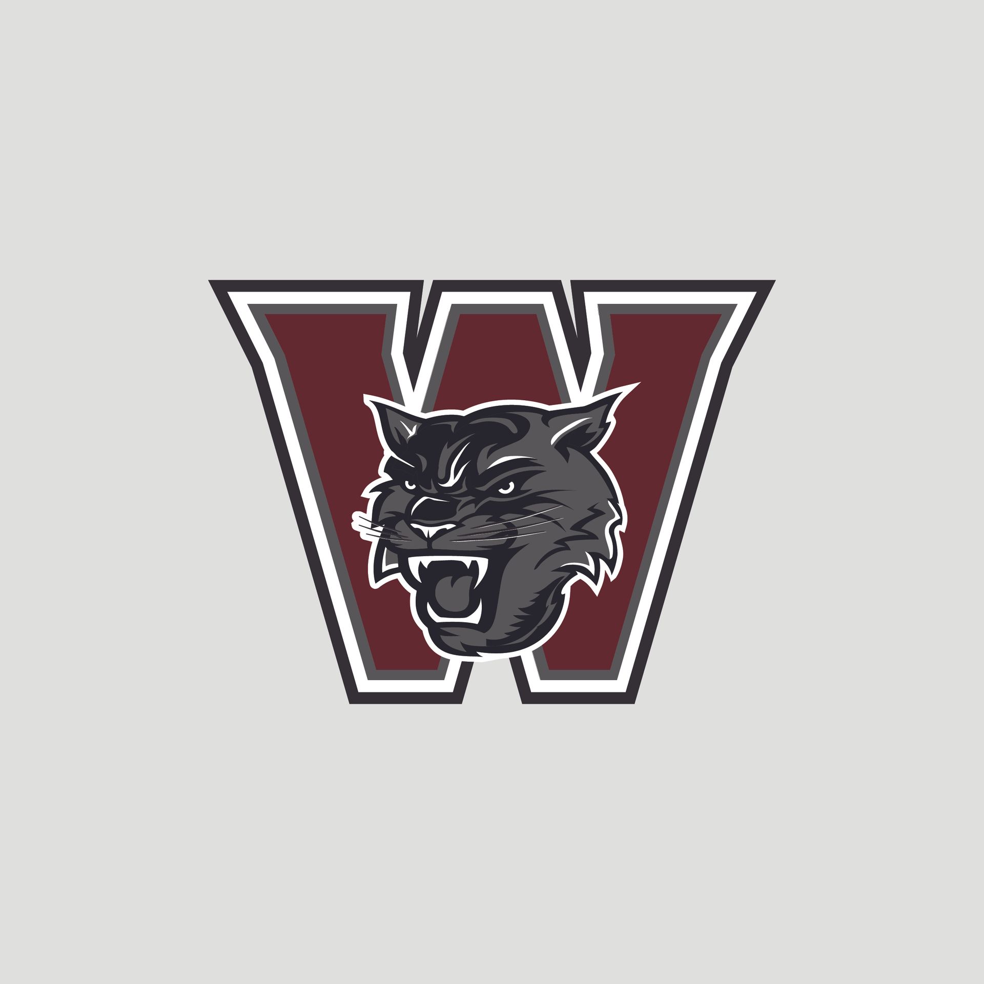 Maroon varsity W logo with a black wolf head centered on a light gray background