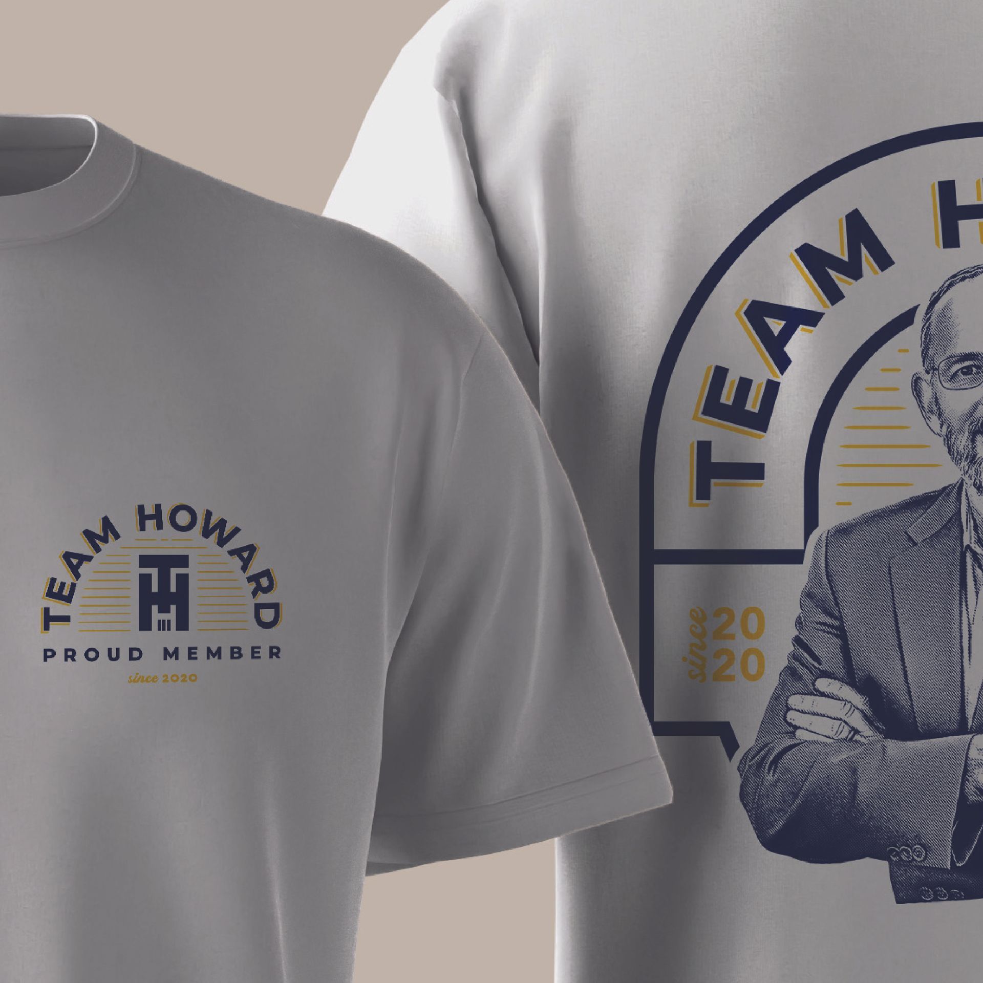 Gray and white Team Howard T-shirts with logo and portrait graphic on the chest