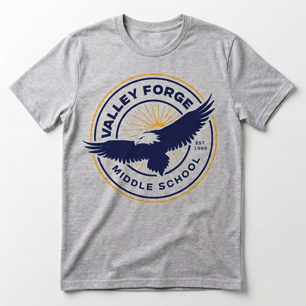 Gray T-shirt with Valley Forge Middle School eagle and sun logo in navy and gold