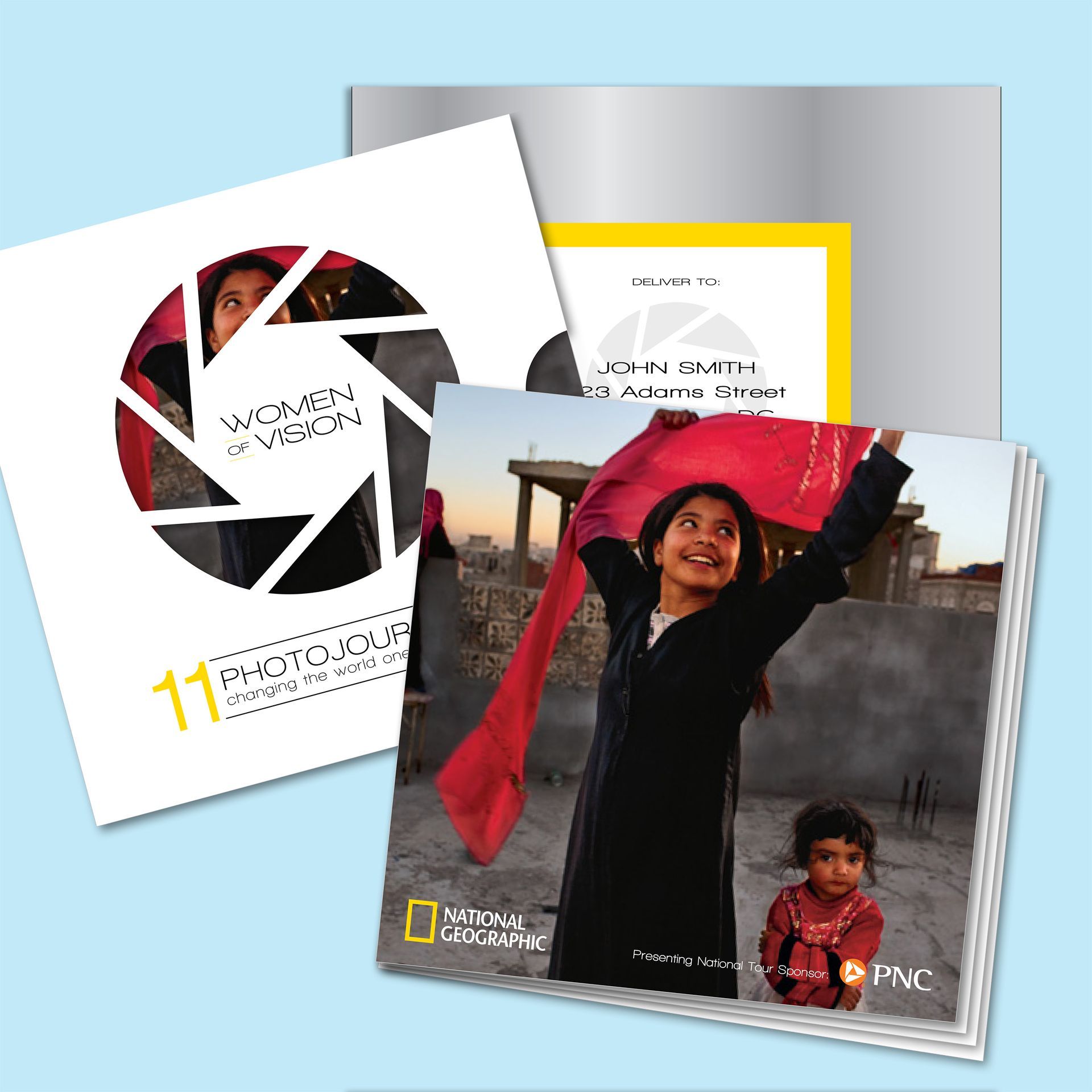Two National Geographic magazine covers overlapping, one with a child in red and another with a circular collage design.