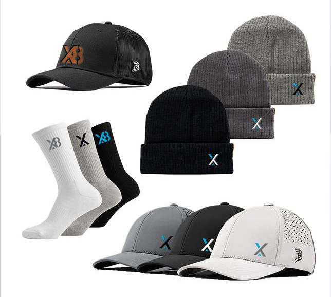 Assorted branded hats and socks in black, gray, white, and orange on a white background