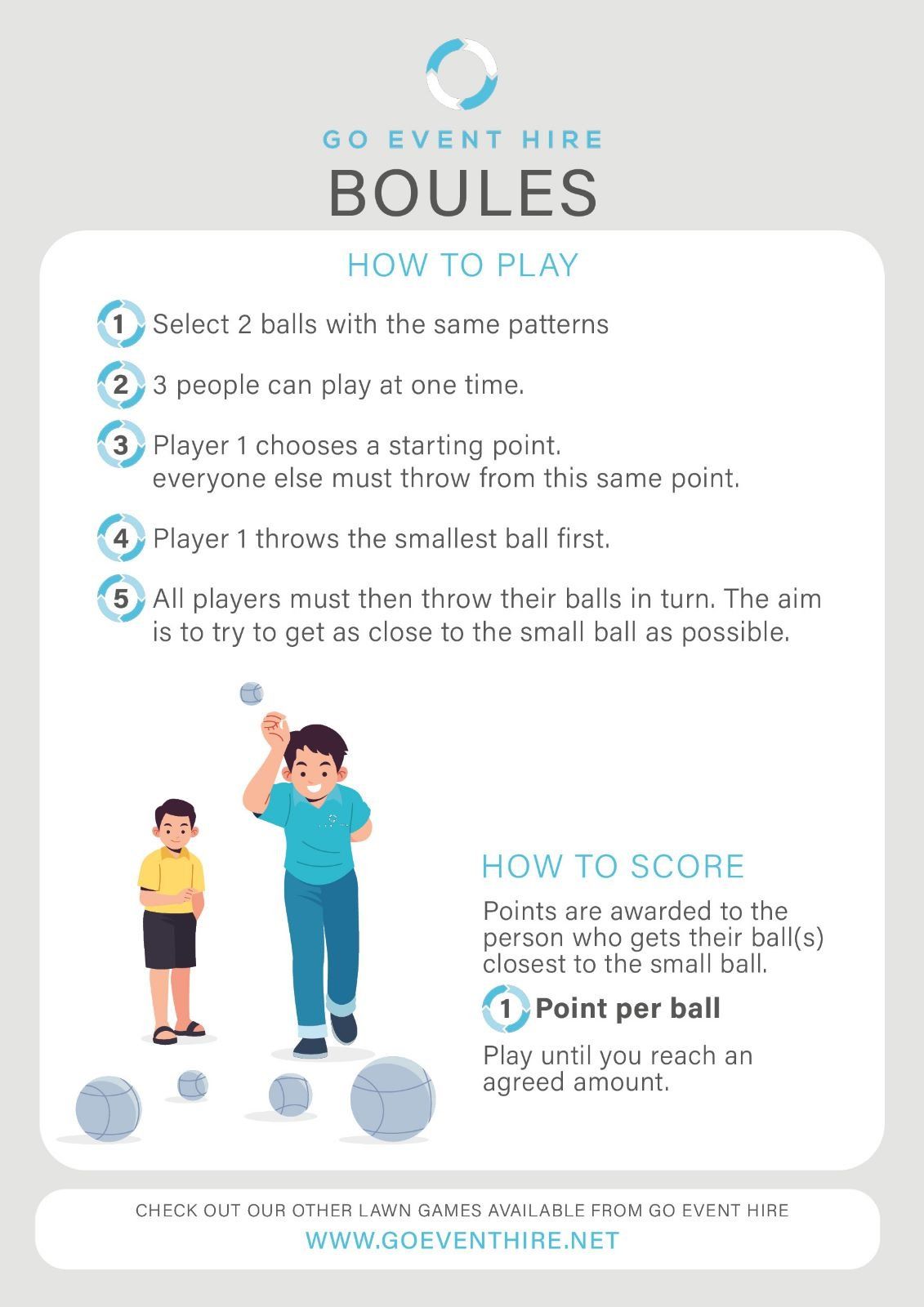 French boules rules written with a pic of 2 cartoon boys playing.