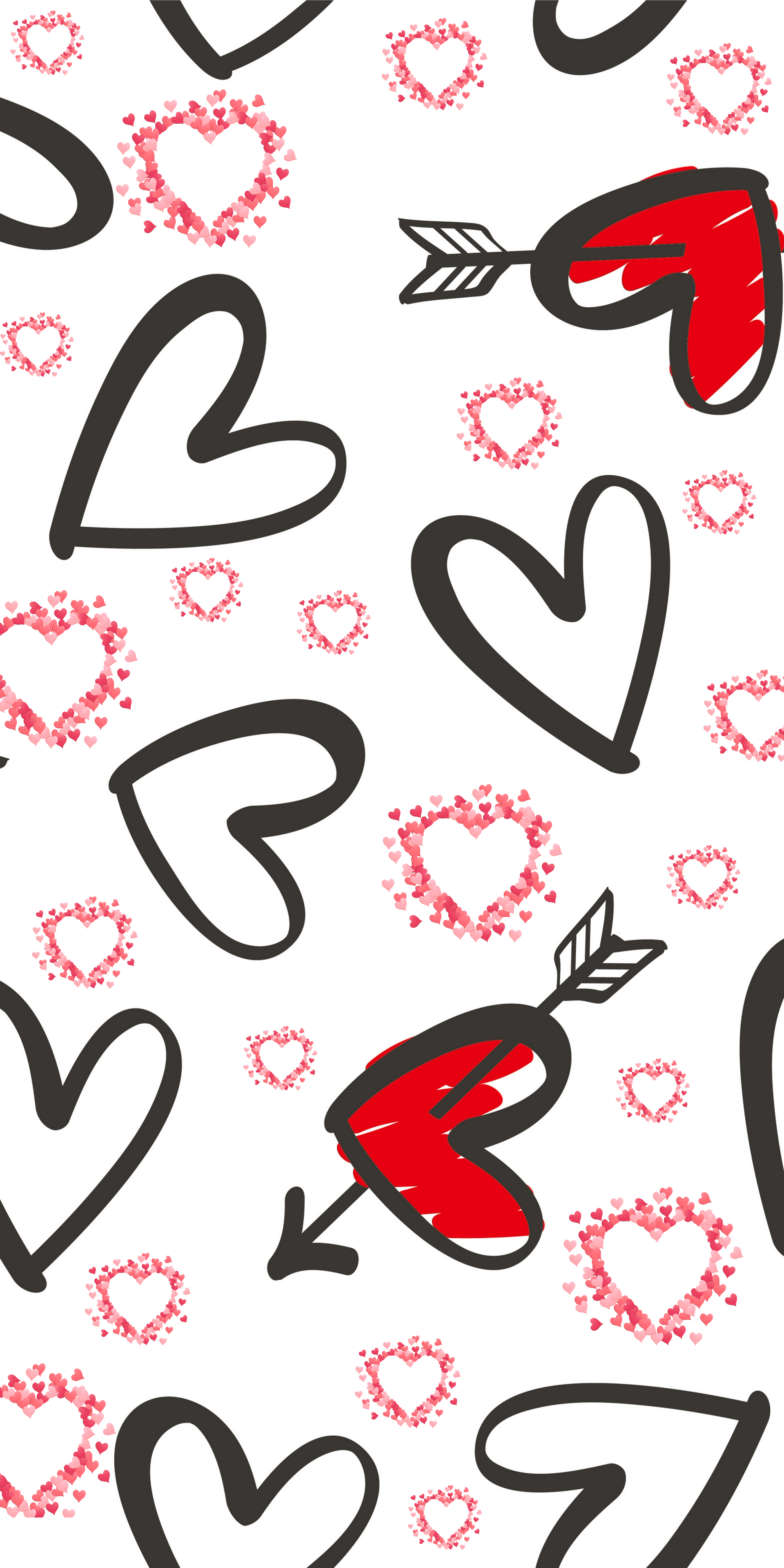 New cornhole board design. White background, black outline of a heart and red hearts