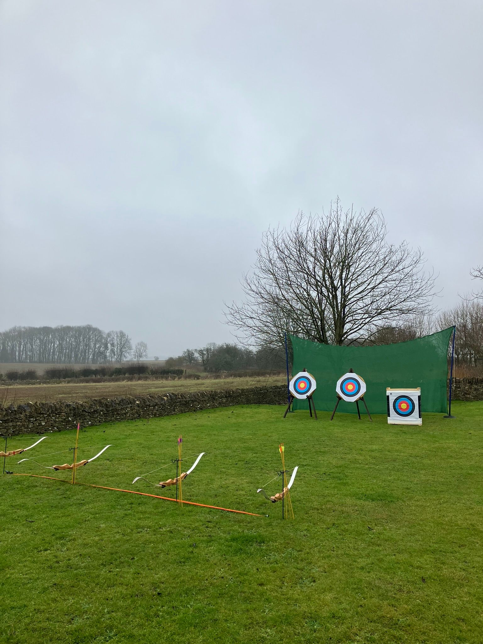 Three archery targets set up in a field in Hampshire