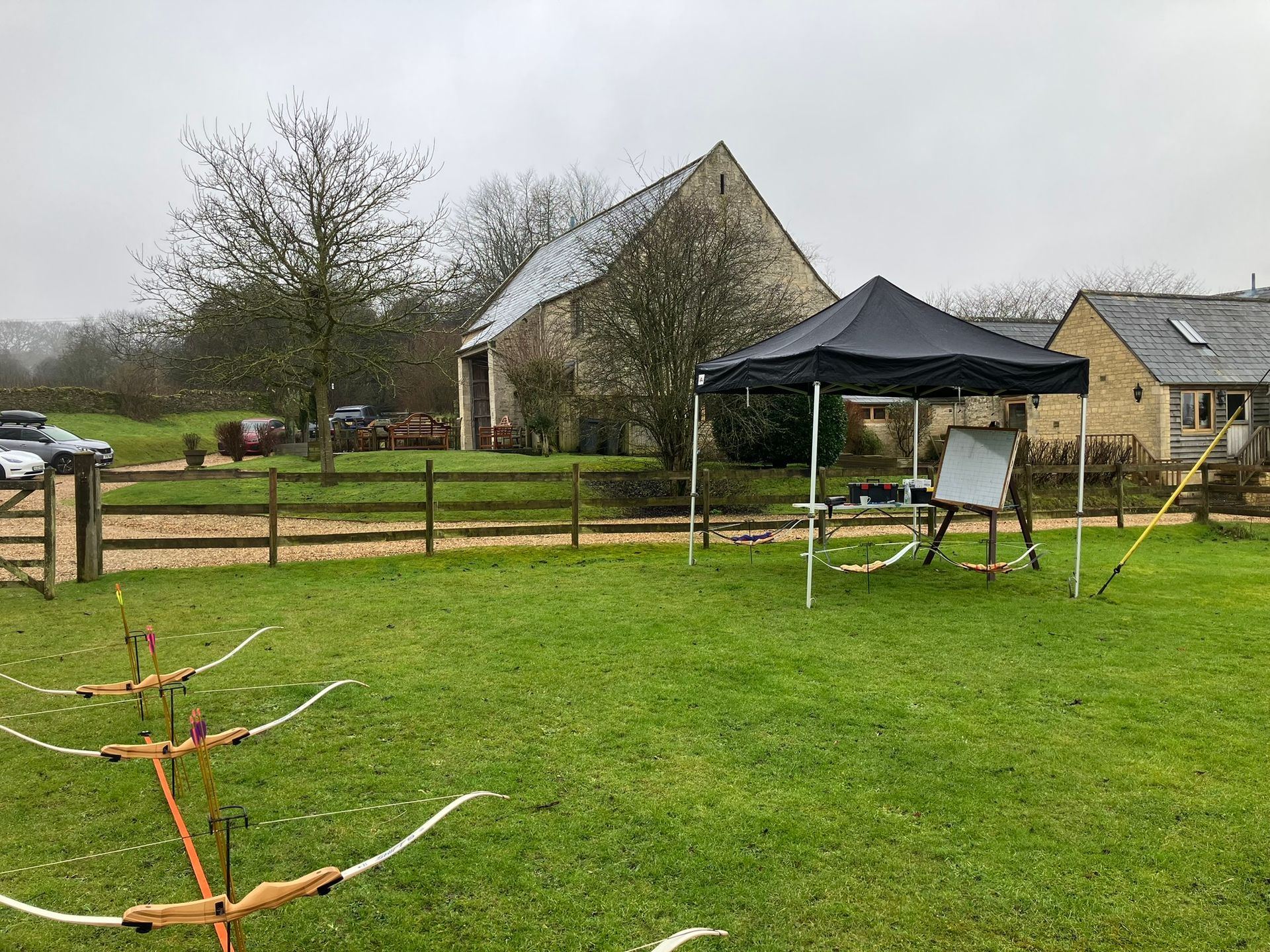 Archery equipment set up for a corporate party in Hampshire