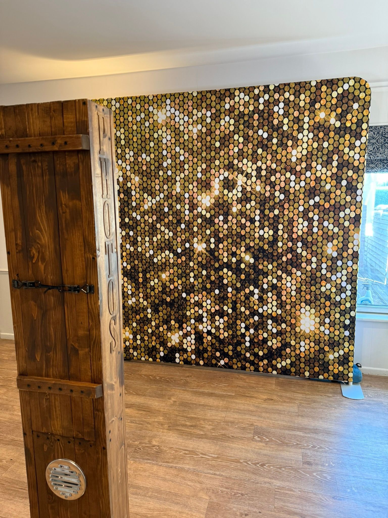 Gold backdrop with our slimline selfie pod for a wedding in Hampshire