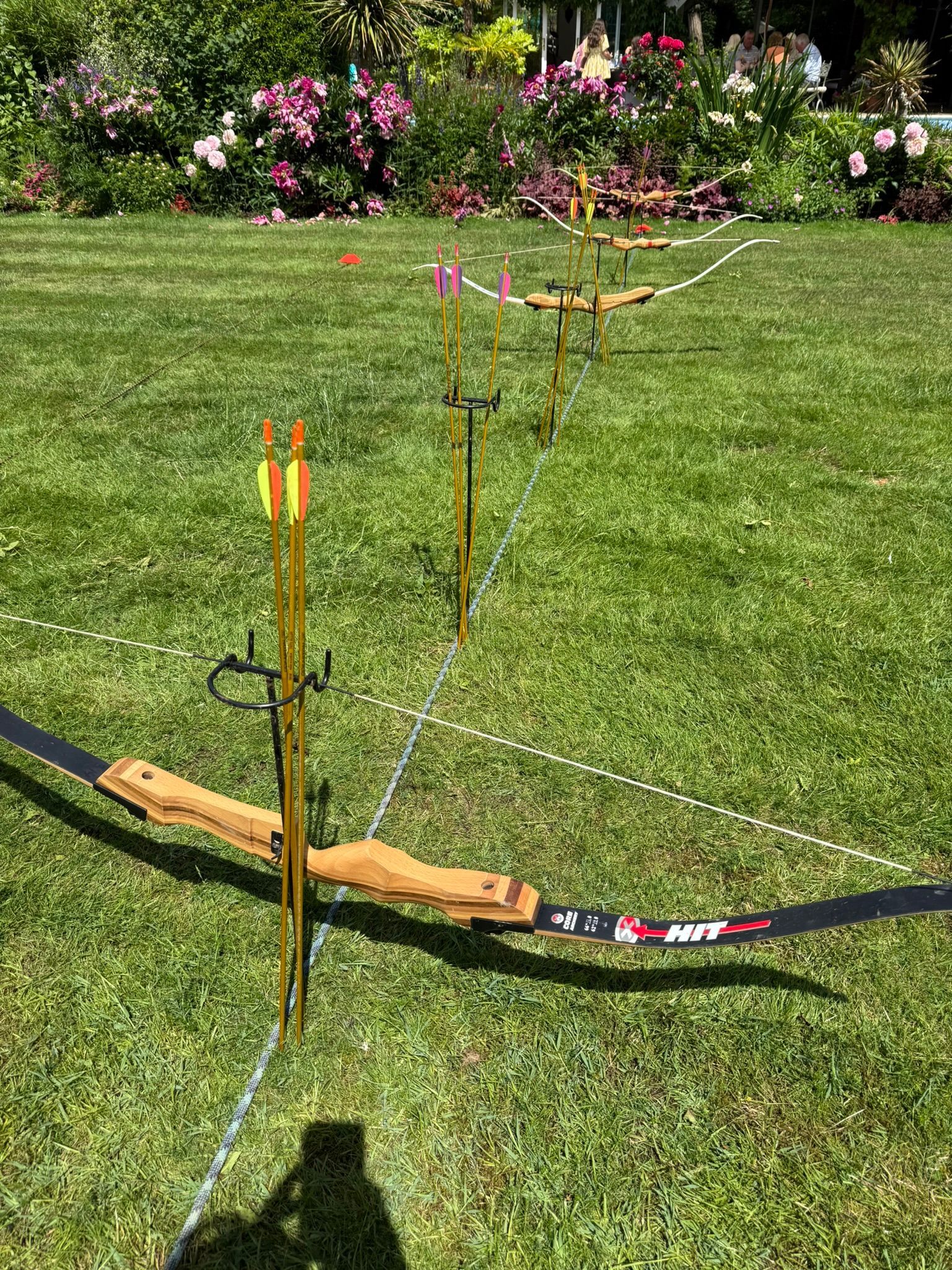 Archery bows and arrows set up in a line on a field