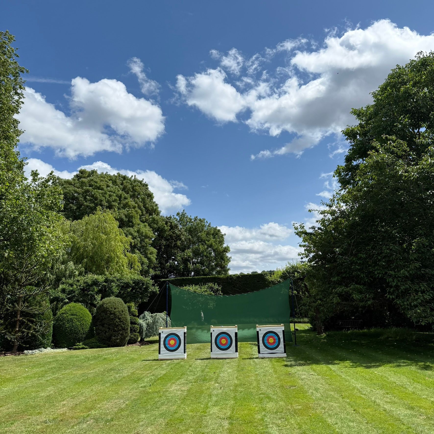 Three archery targets set up in a field in Hampshire