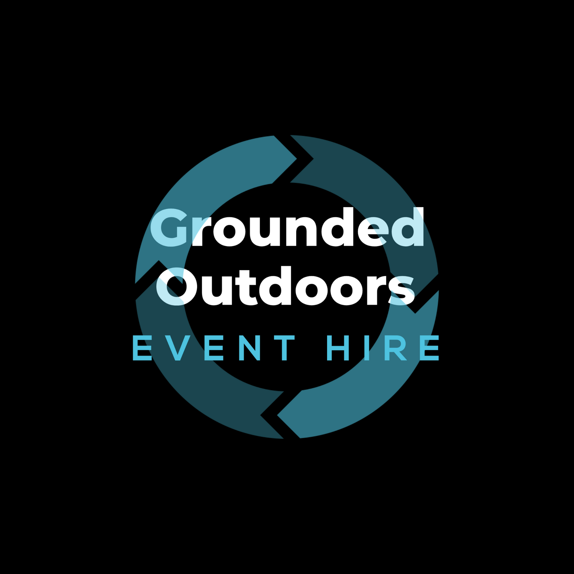 Grounded outdoors event hire wording logo with a blue circle logo on black background.