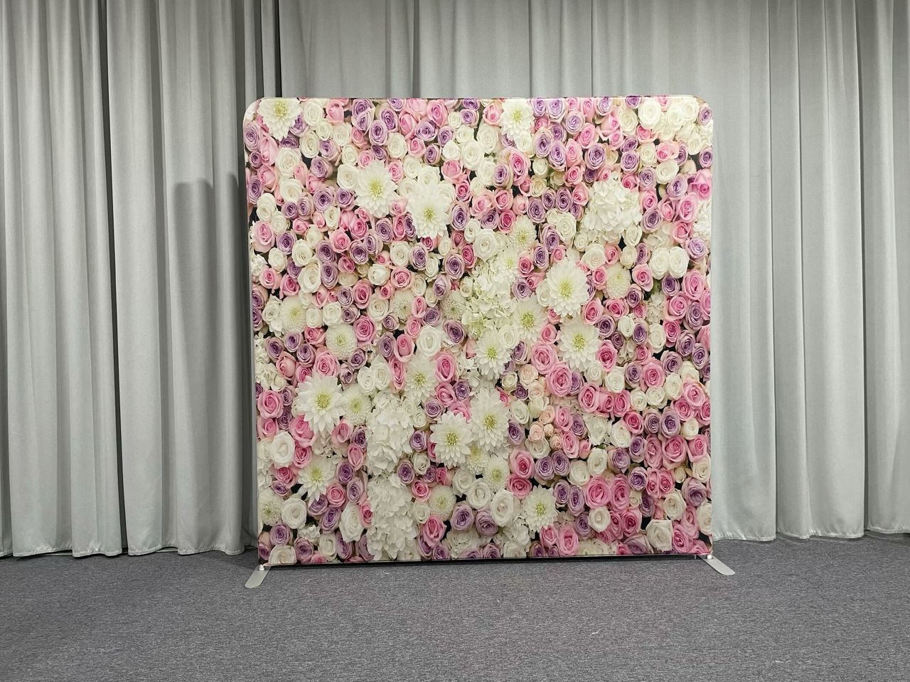 Flower design backdrop,  White and pink flower design all over the 8 x 8 foot tall backdrop.