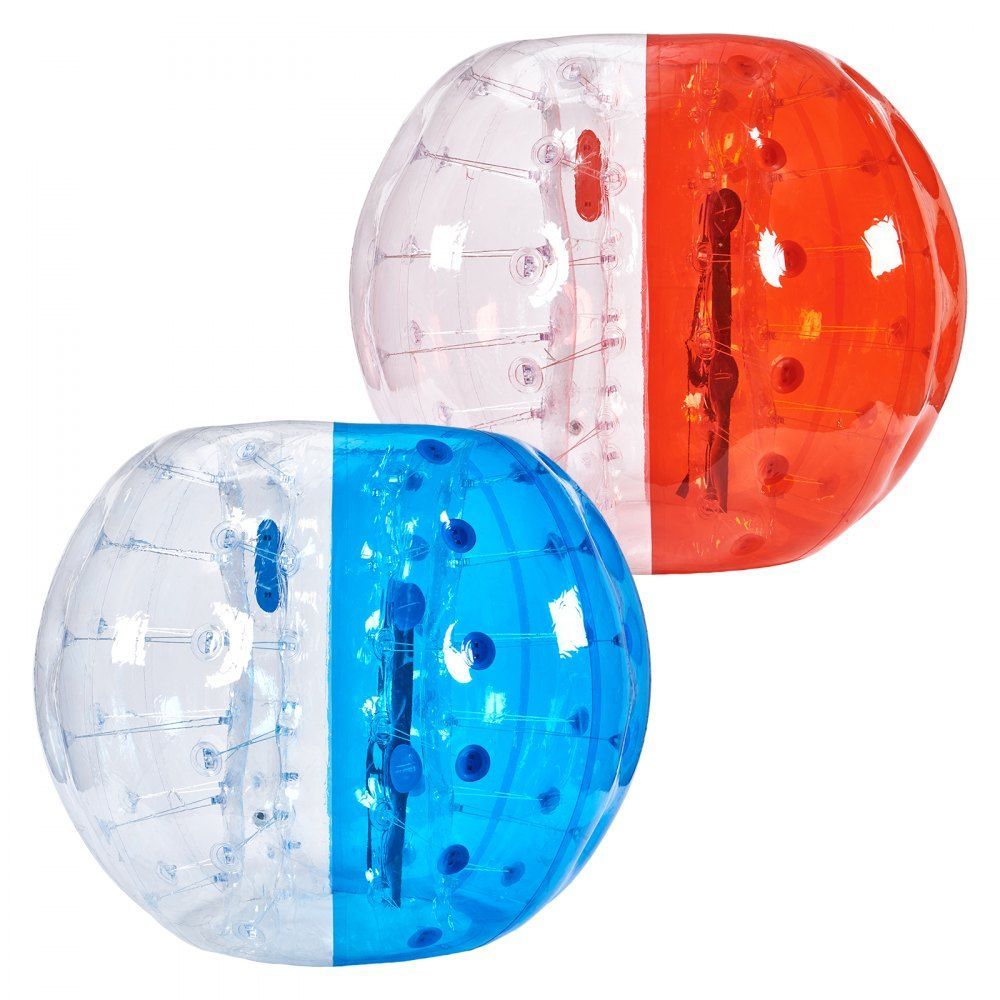 Two giant blow up bubble football balls. Red and Blue.