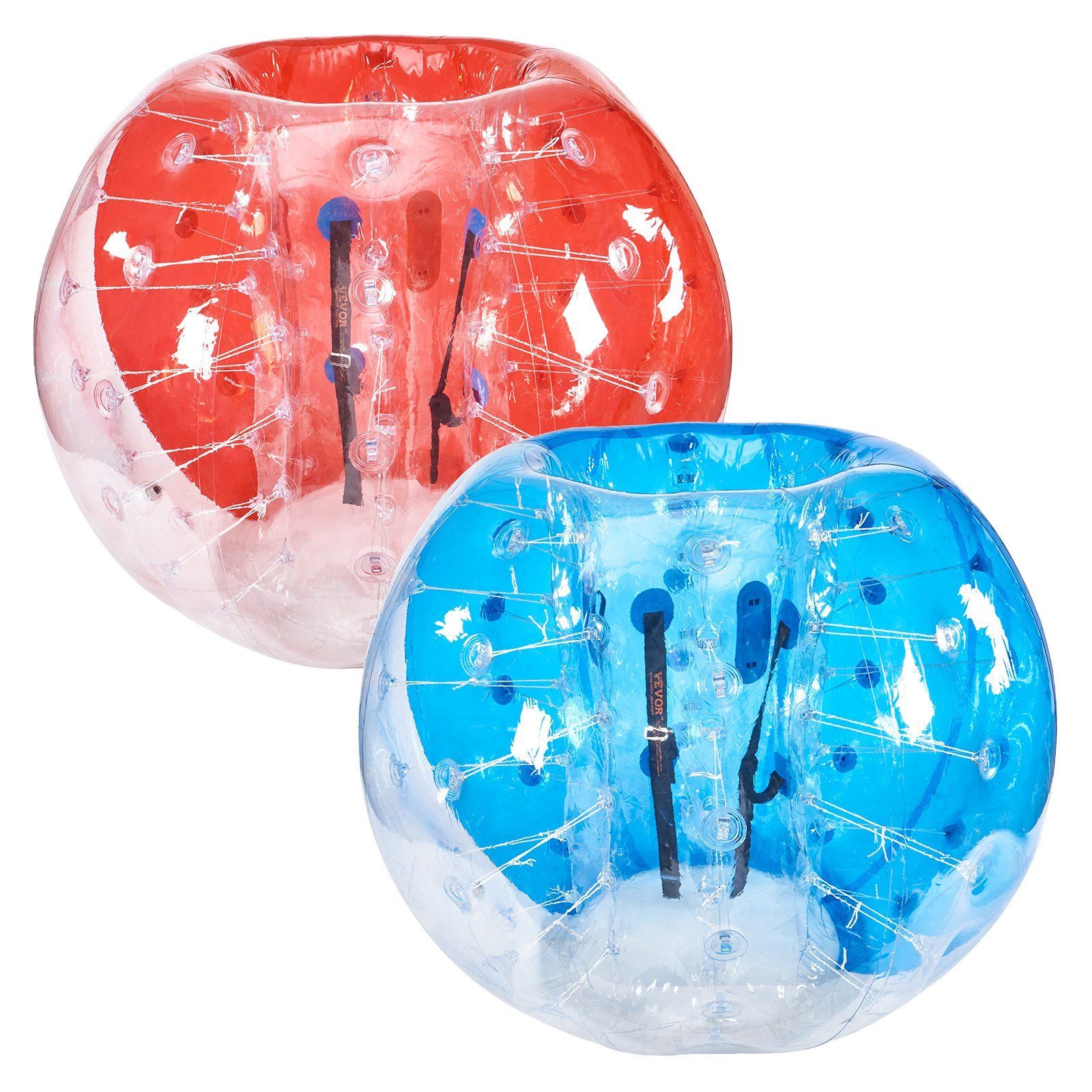 Two giant blow up bubble football balls. Red and Blue.
