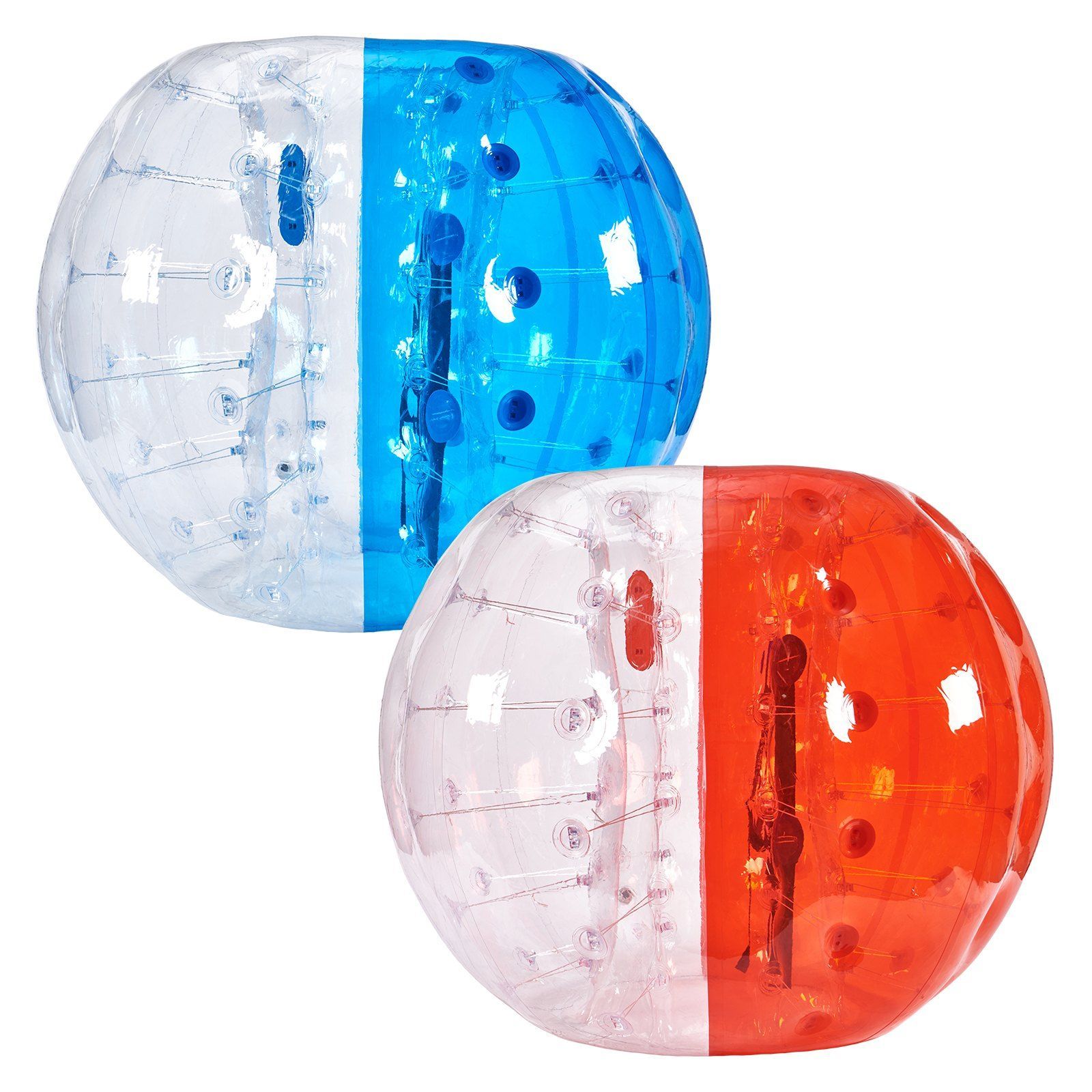 Two giant blow up bubble football balls. Red and Blue.