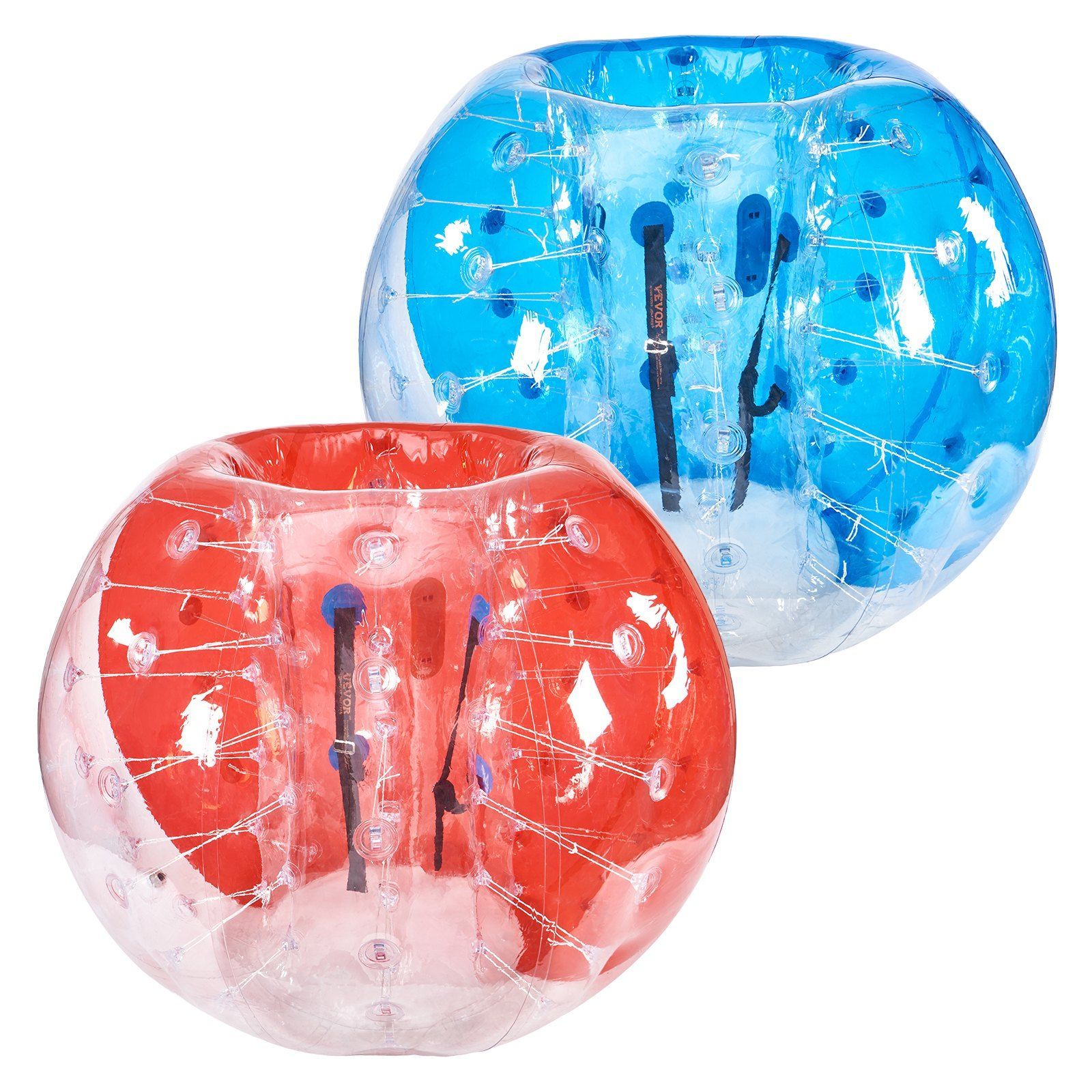 Two giant blow up bubble football balls. Red and Blue.