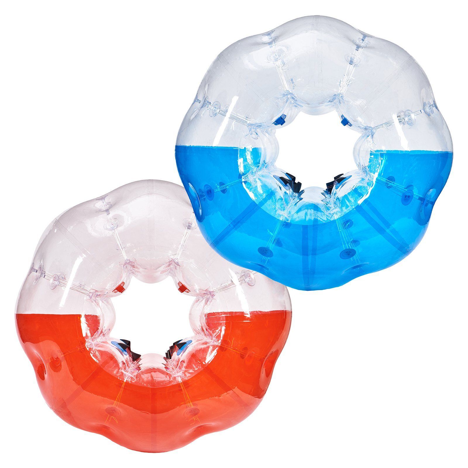 Two giant blow up bubble football balls. Red and Blue.