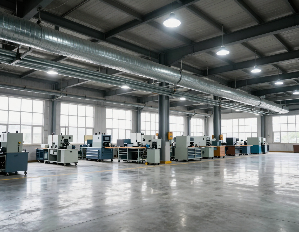 Clean industrial plant floor with overhead conduit runs and high-bay LED lighting.