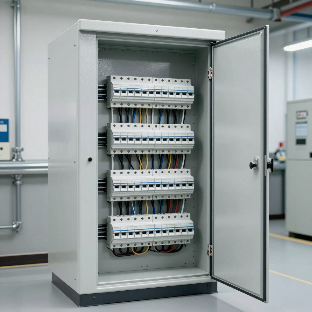 Open industrial electrical panel showing heavy-duty breakers and organized wiring.