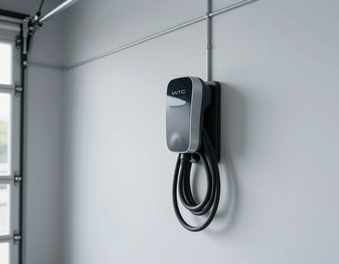 Wall-mounted Level 2 EV charger installed inside a clean garage space.