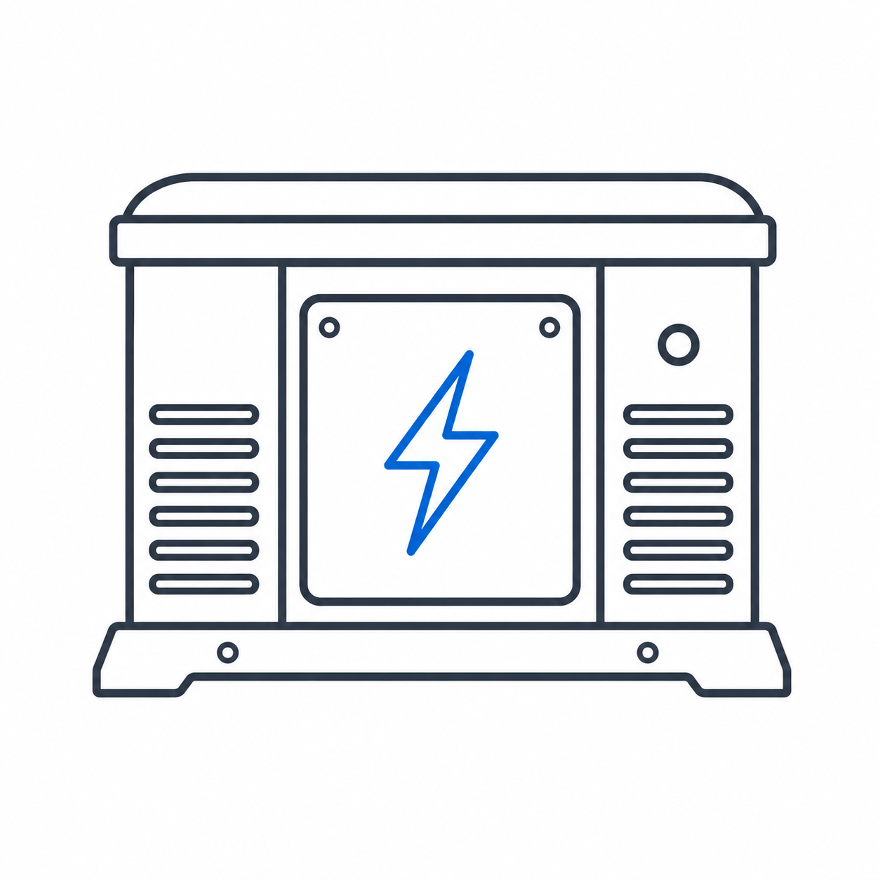 Stylized gray electric generator with blue lightning bolt icon