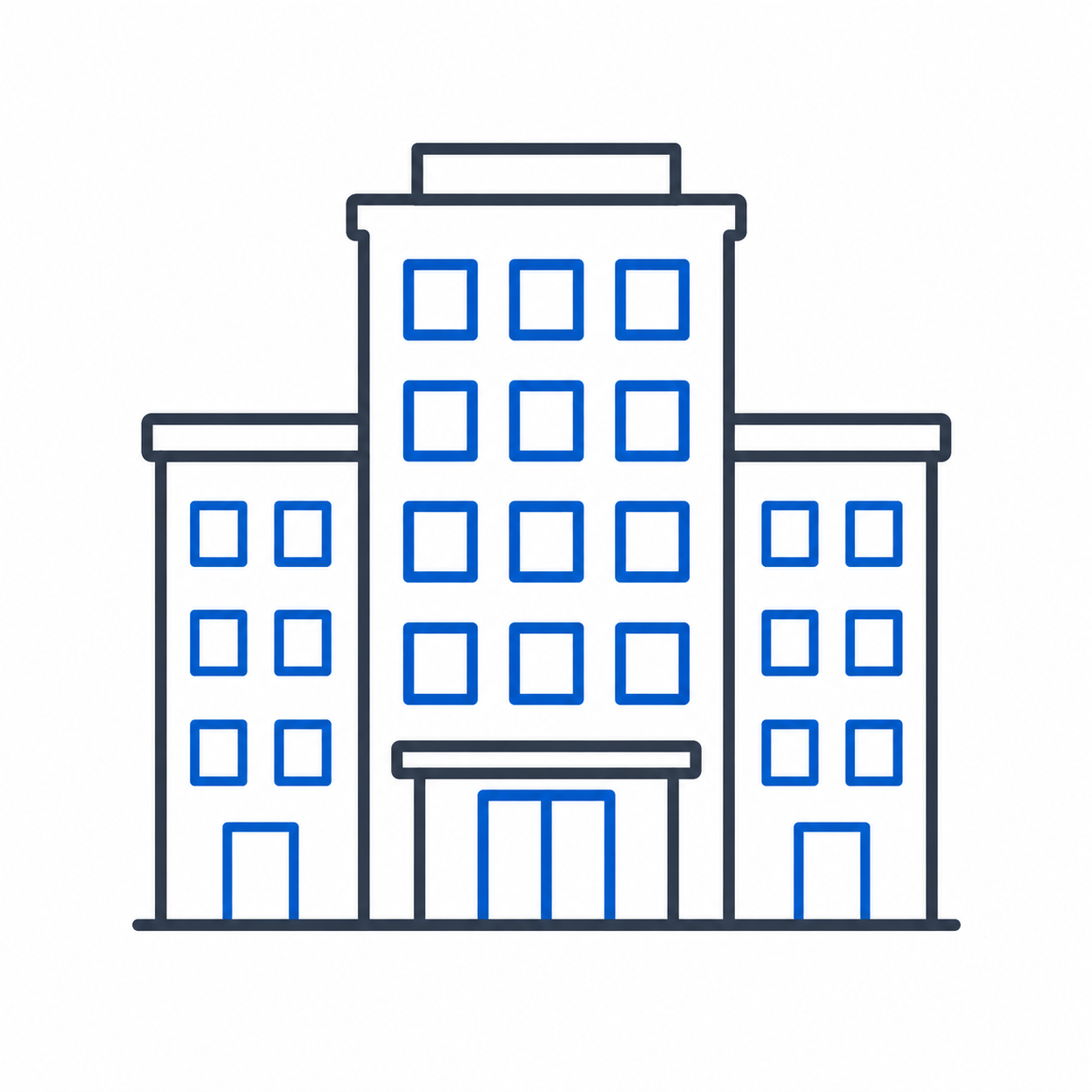 Blue outline icon of a city building with multiple windows and a central entrance