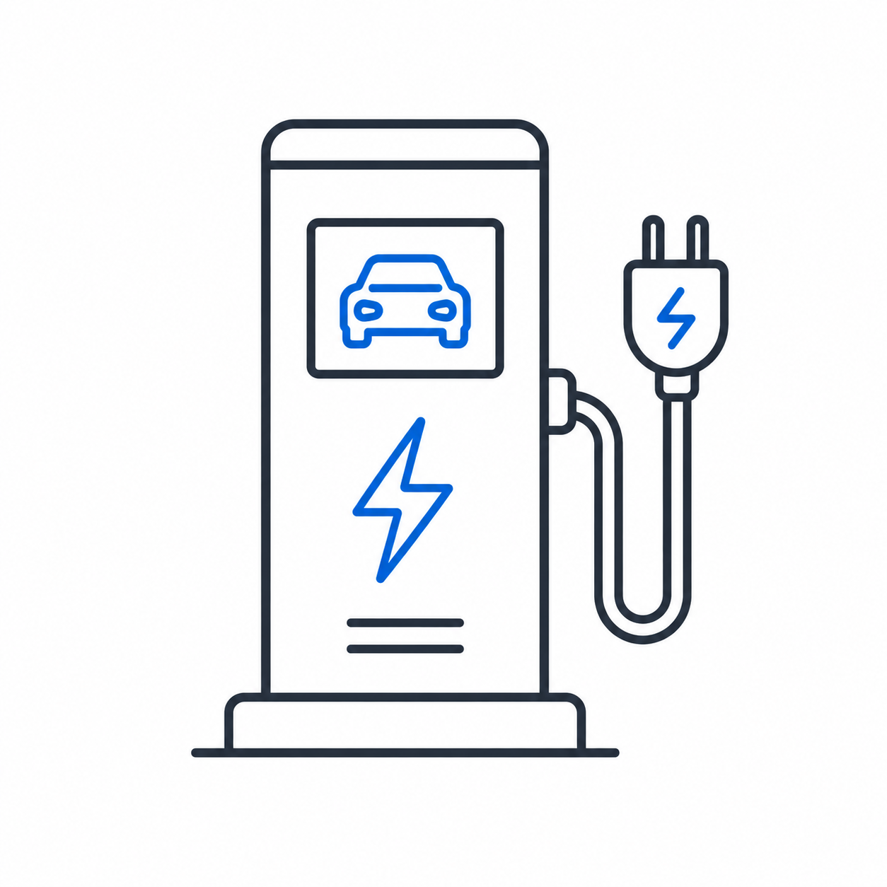 Electric vehicle charging station with a plug and blue car icon on a white background