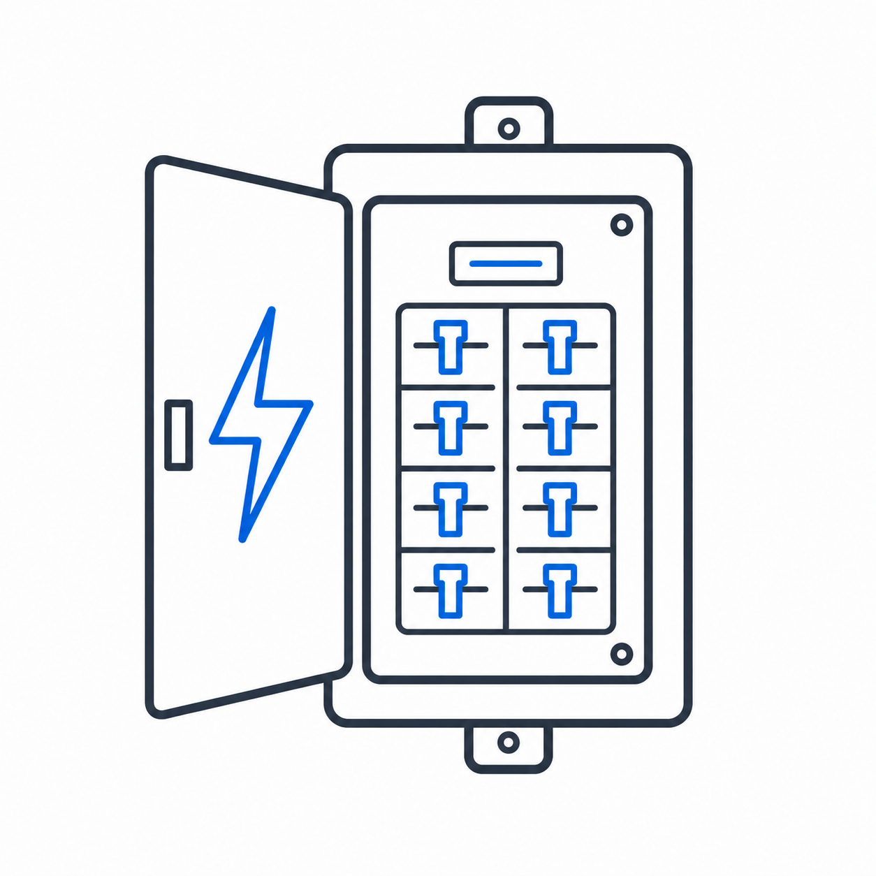 Open electrical breaker panel with blue lightning symbol and multiple circuit switches
