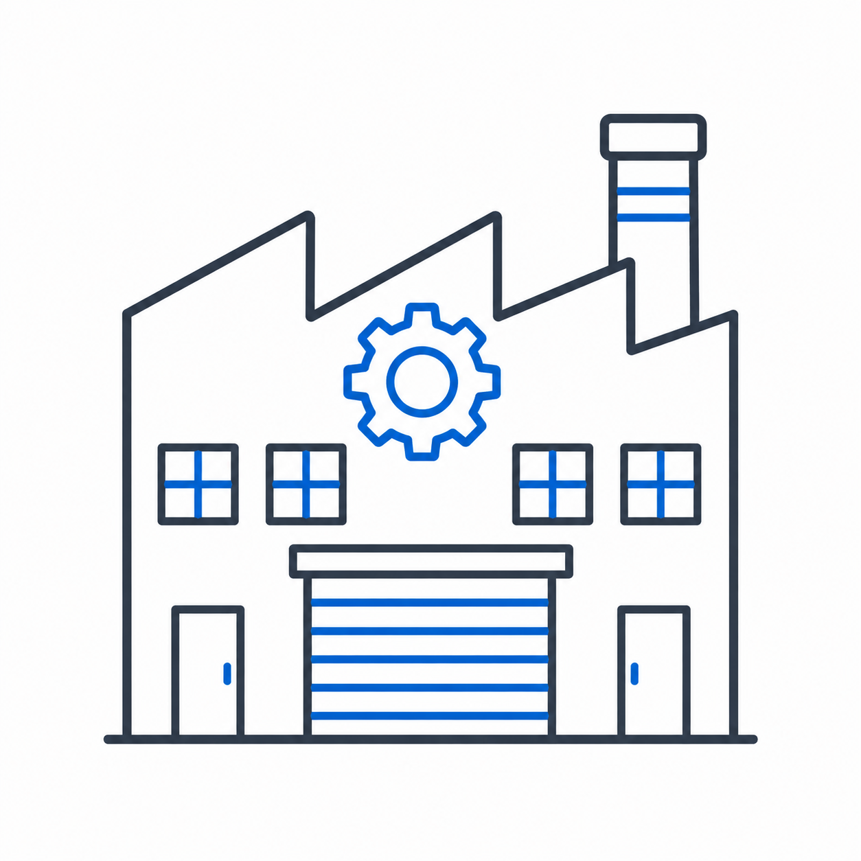 Stylized blue-and-gray factory building with a gear icon on the front