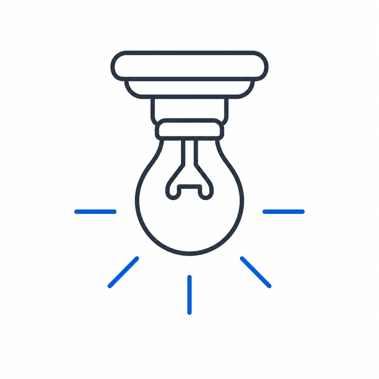 Outlined light bulb icon with blue rays, hanging from the ceiling