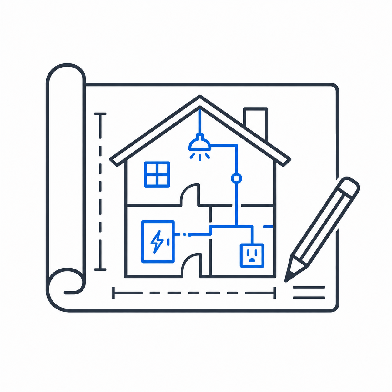 House blueprint with blue smart-home wiring, pencil, and ruler on a rolled plan.