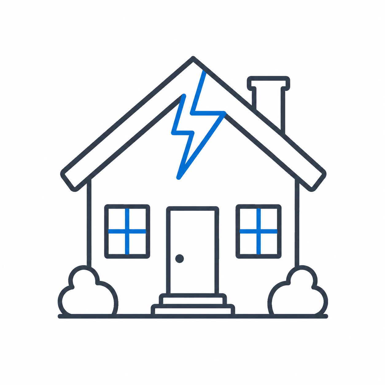Simple house icon with blue lightning bolt on the roof and clouds at the base