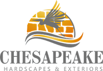 Chesapeake Hardscapes & Exteriors logo with stylized orange sun, gray bird, and wave above the company name