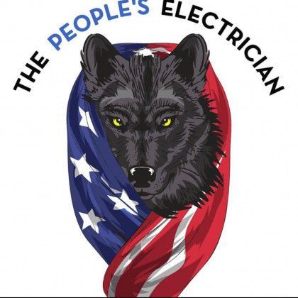 Black wolf wrapped in an American flag with the words “THE PEOPLE’S ELECTRICIAN” above.